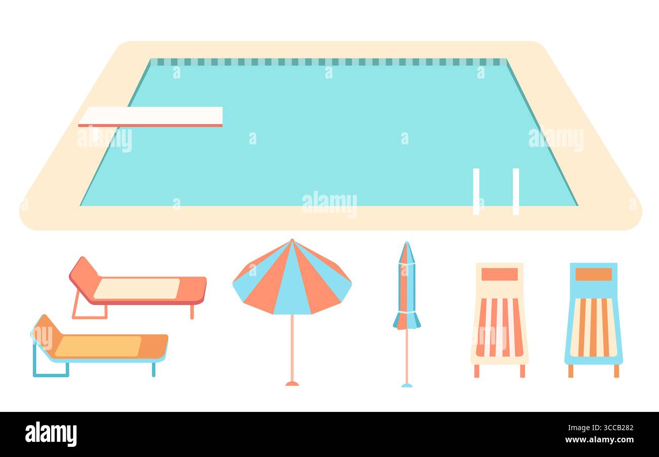 Piscine avec accessoires de vacances illustration set. Grande piscine rectangulaire avec plongeoir, mobilier coloré au bord de la piscine, chaise longue, parasol Illustration de Vecteur