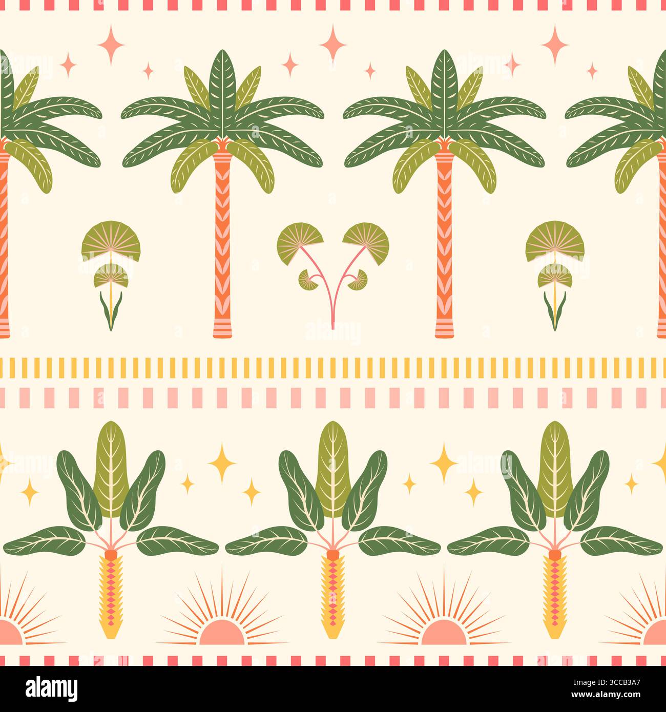 Illustration vectorielle de modèle sans couture de frontière tropicale. Conception horizontale estivale. Palmiers, étoiles, éléments semi-solaires, lignes pointillées sur fond clair Illustration de Vecteur