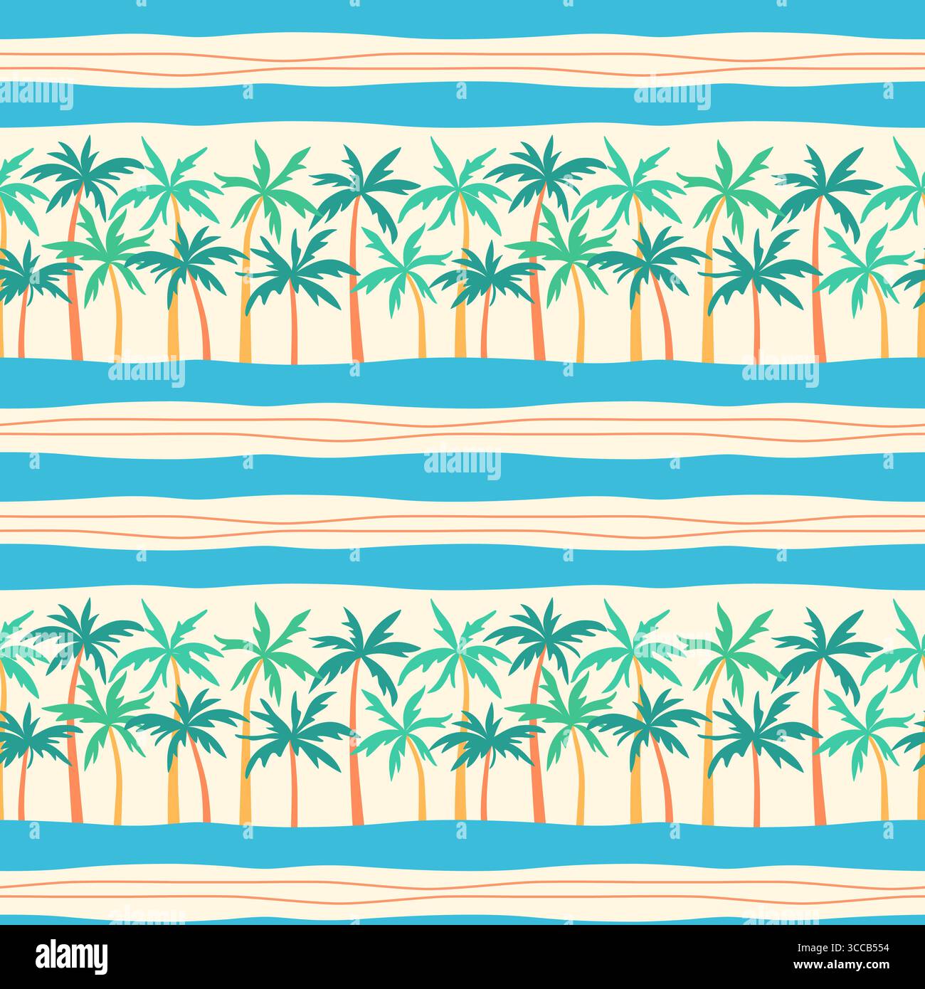 Modèle sans couture de vecteur de palmiers. Design de plage tropicale avec des palmiers et des rayures ondulées bleues sur fond beige sable. Vacances exotiques sur l'île d'été Illustration de Vecteur