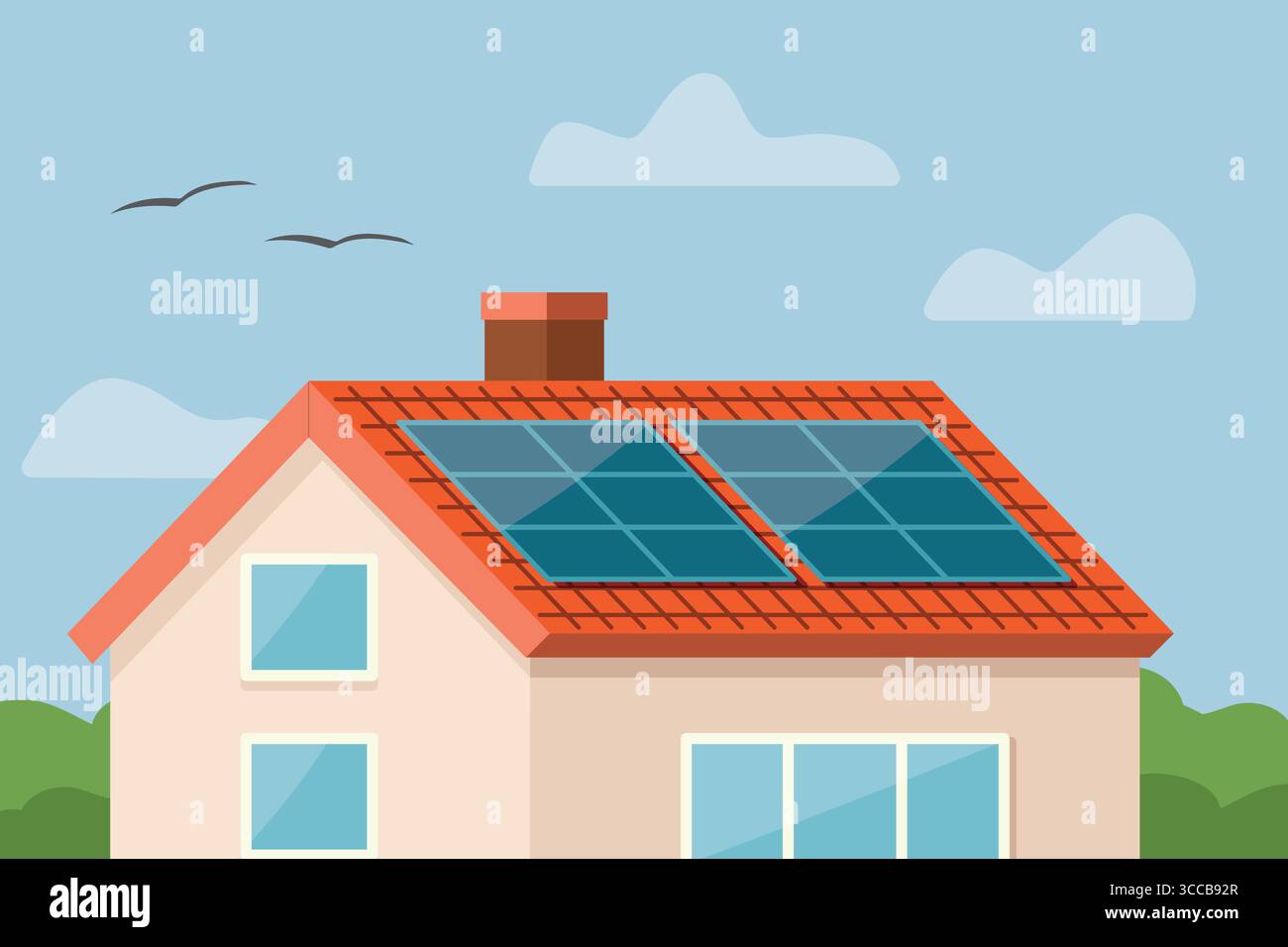 maison unifamiliale avec panneaux solaires sur le toit ; symbolisant la vie durable et l'énergie renouvelable ; parfait pour les concepts écologiques, techn verte Illustration de Vecteur