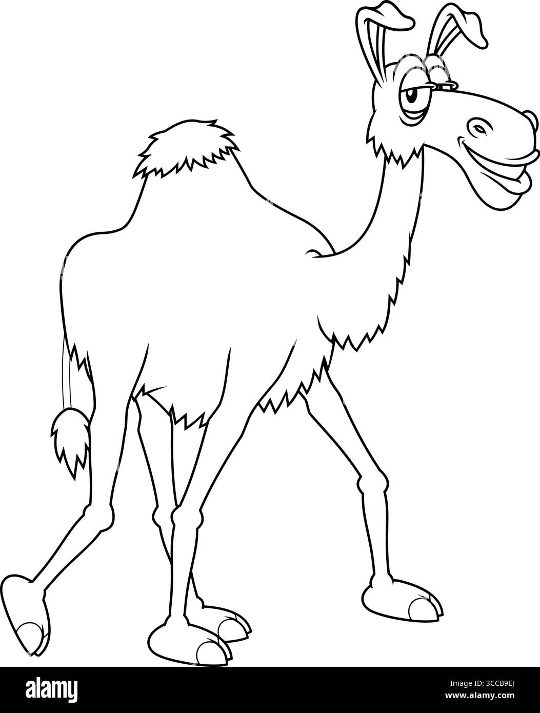 Drôle Camel Cartoon personnage marchant avec sourire confiant - illustration dessinée à la main par vecteur noir et blanc Illustration de Vecteur