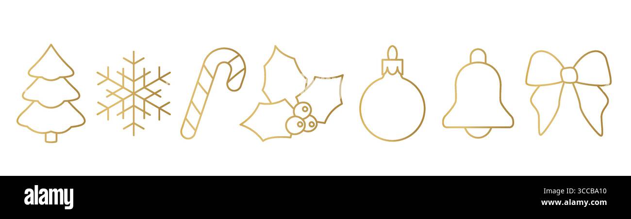 ensemble d'icônes de noël dorées : canne à bonbons, baie de houx, flocon de neige, arc, boule, sapin, cloche - illustration vectorielle Illustration de Vecteur