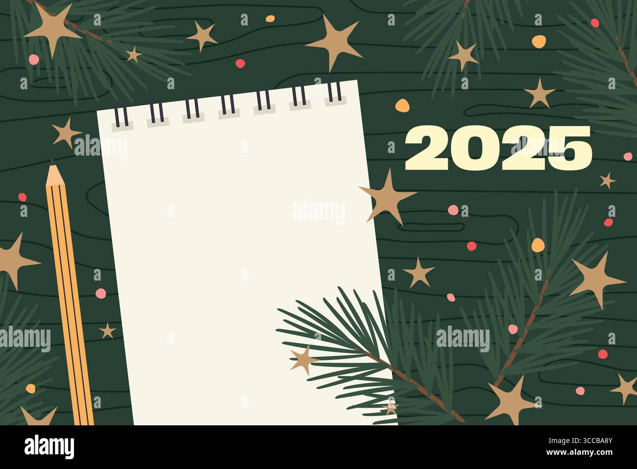 Concept de planification du nouvel an 2025 ; composition plate sur le bureau en bois avec le cahier vide, les branches de sapin, les points colorés et l'illustration vectorielle d'étoiles Illustration de Vecteur