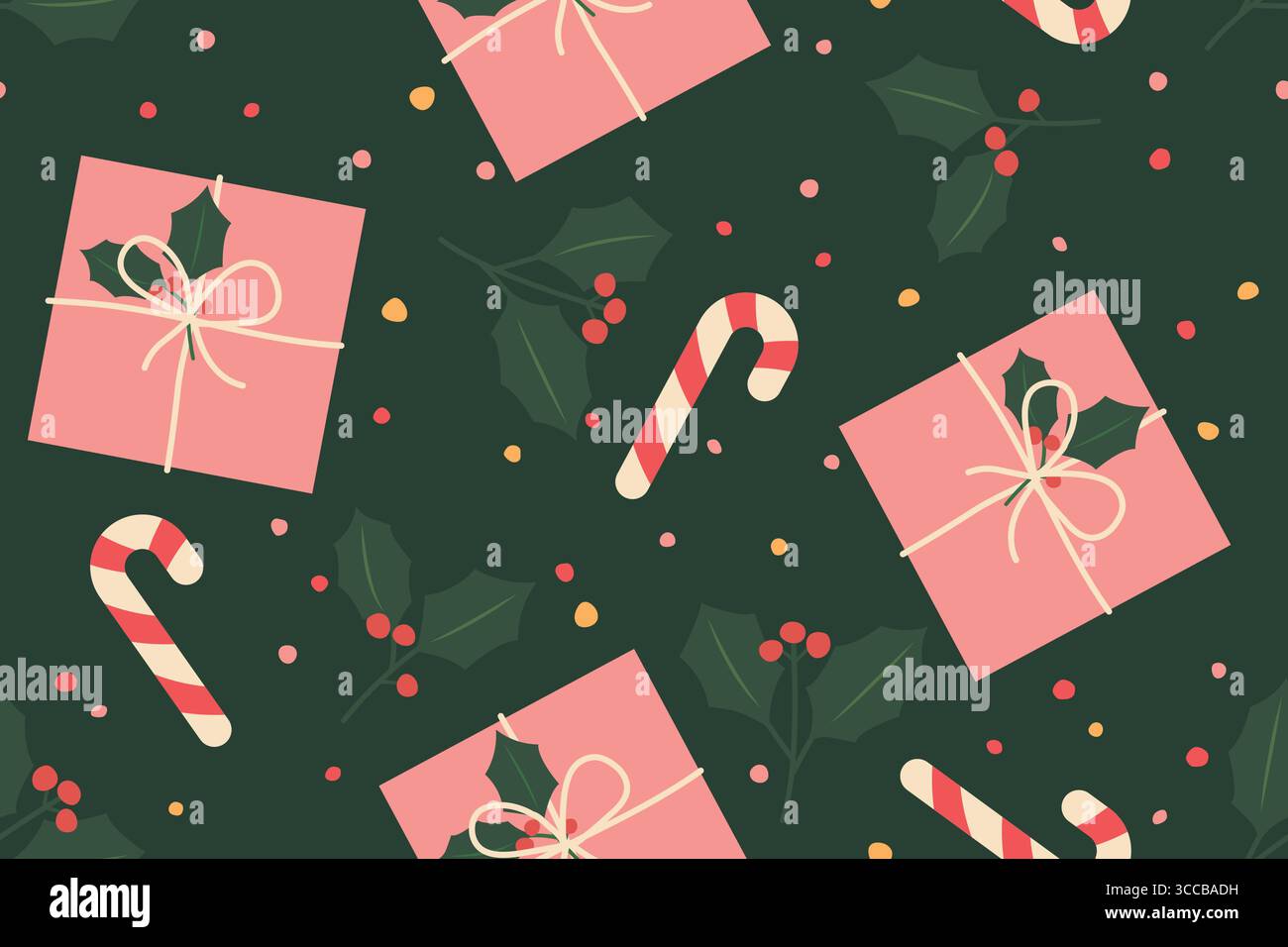 modèle sans couture de noël avec canne à bonbons de noël, boîte-cadeau, baies de houx et points colorés ; idéal pour l'emballage, les cartes de voeux, la capture des médias sociaux Illustration de Vecteur