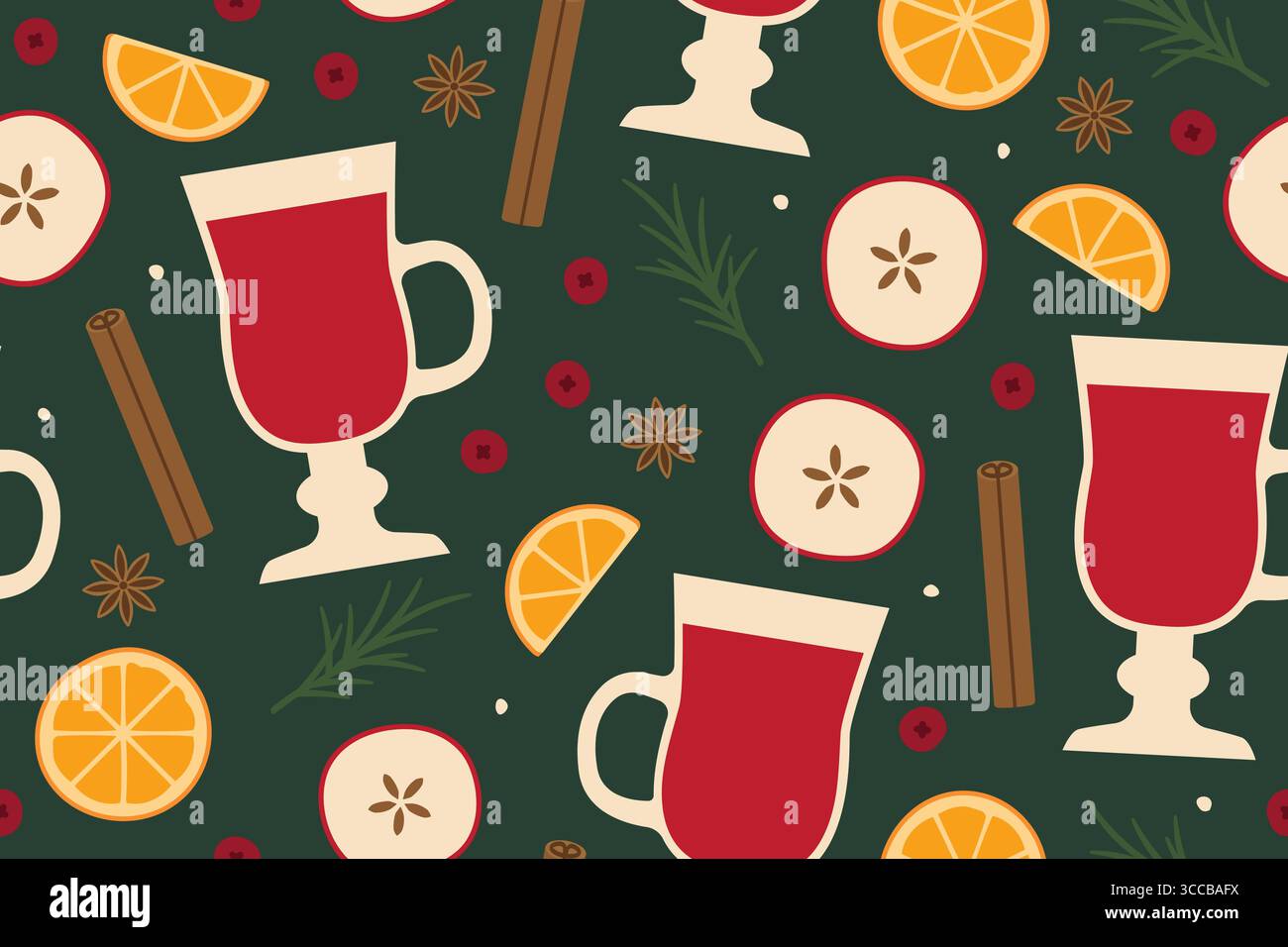 boisson festive de fête de vin chaud modèle sans couture avec clou de girofle, bâton de cannelle, orange, pomme, canneberges et romarin; fond d'hiver - vecteur illu Illustration de Vecteur