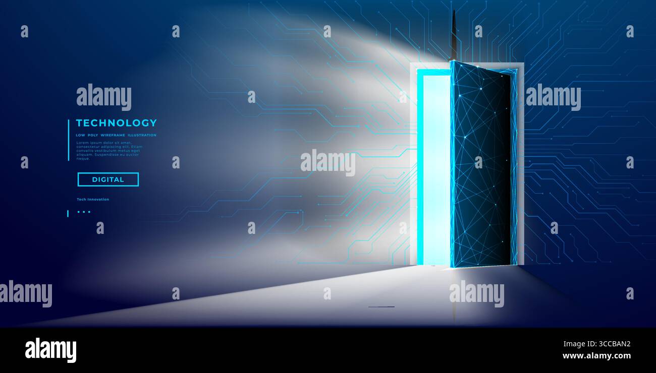 Porte ouverte numérique avec lumière vive. Carte de circuit imprimé sur le mur Illustration de Vecteur