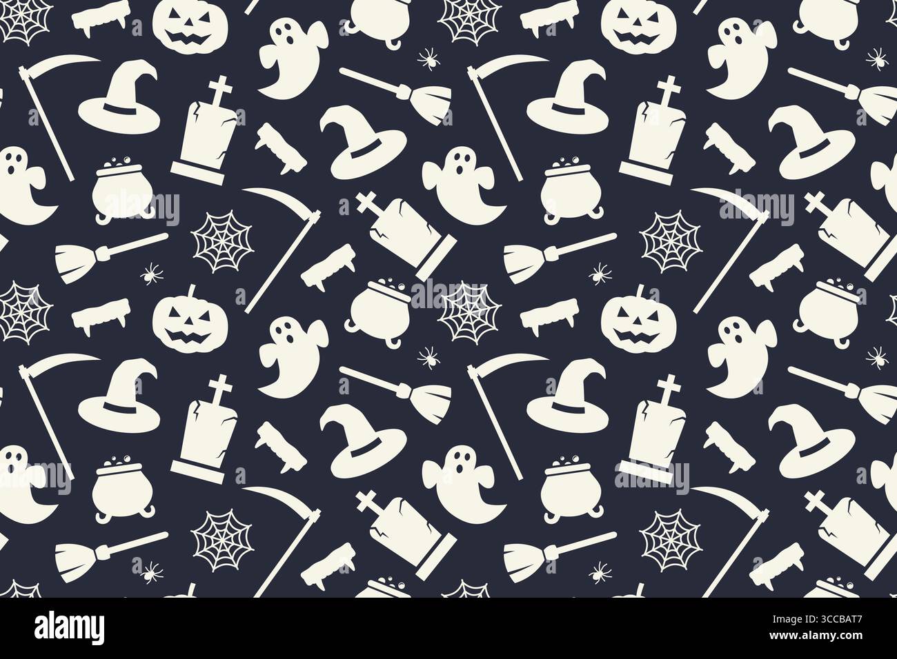 Modèle sans couture d'Halloween avec Jack o lanterne, fantôme, toile d'araignée, araignée, tombe, balai, chapeau de sorcière, chaudron et crocs de vampire- illustration vectorielle Illustration de Vecteur