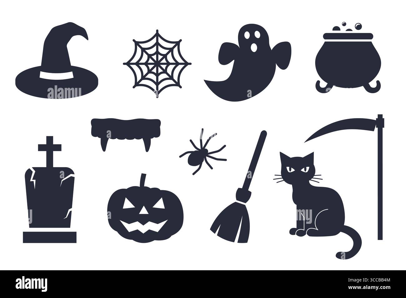 Ensemble d'icônes d'Halloween : chapeau de sorcière, toile d'araignée, fantôme, pot bouillant, tombe, crocs de vampire, Jack-o’-lanterne, balai, chat et faux- illustration vectorielle Illustration de Vecteur
