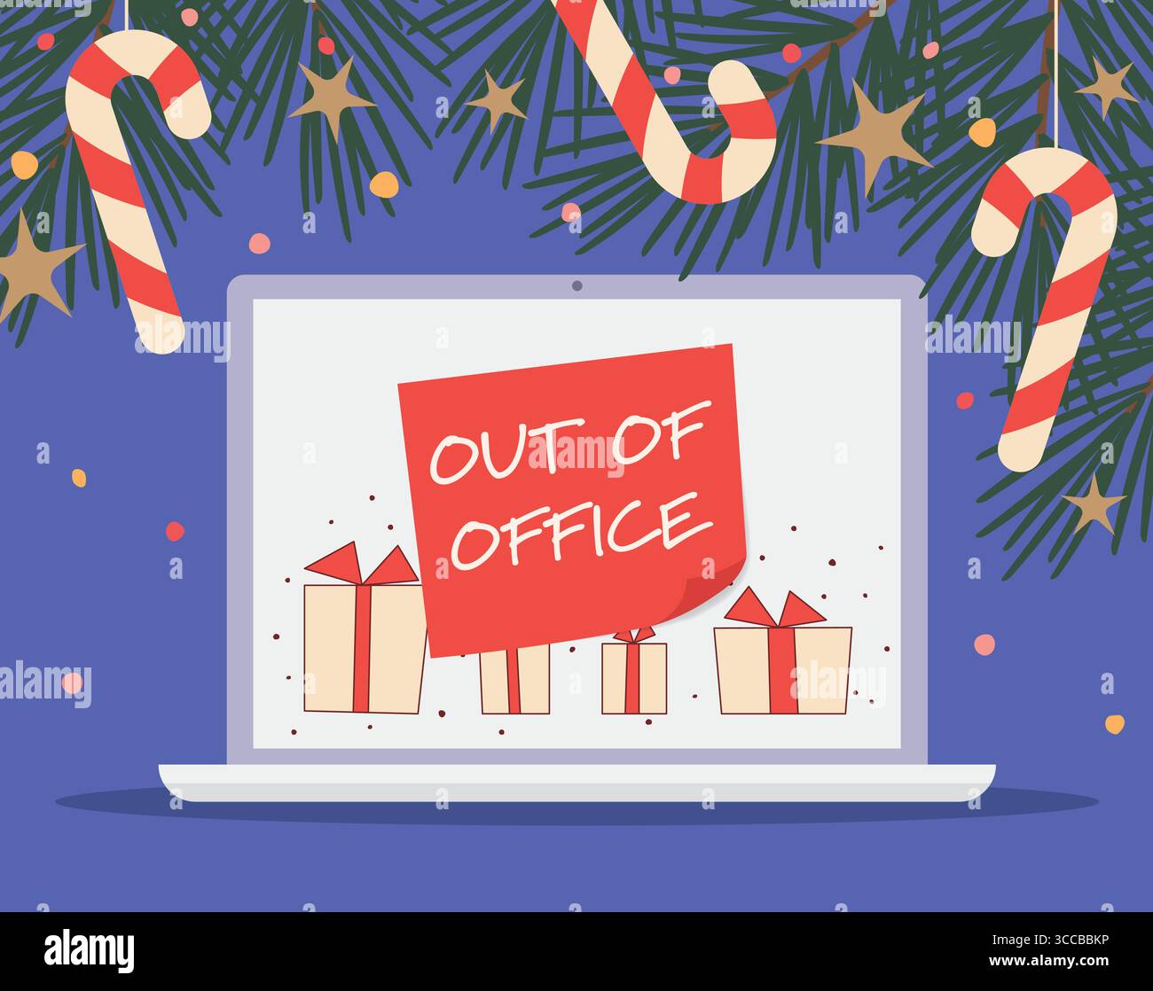 répondeur automatique hors du bureau écrit sur un écran d'ordinateur portable ; hiver, concept de vacances de noël - illustration vectorielle Illustration de Vecteur