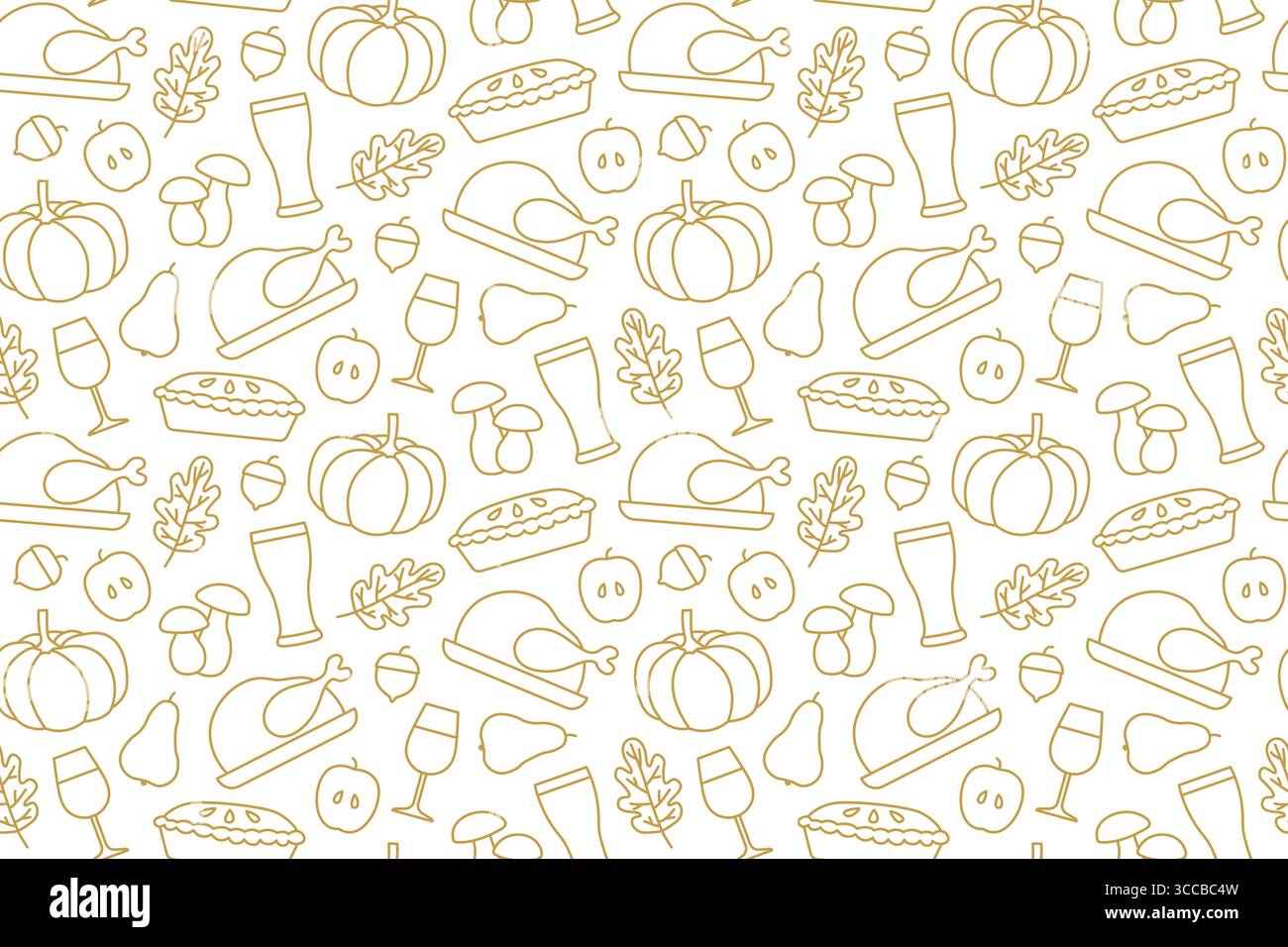 modèle sans couture avec dinde rôtie, gland, poire, pomme, bière, vin, champignon, tarte aux pommes, citrouille, icônes de feuille de chêne-illustration vectorielle Illustration de Vecteur