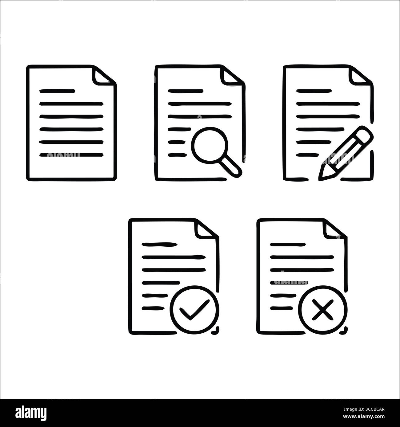 Jeu d'icônes de document – symboles papier de dessin au trait avec affiches Rechercher, modifier, approuver et rejeter Illustration de Vecteur