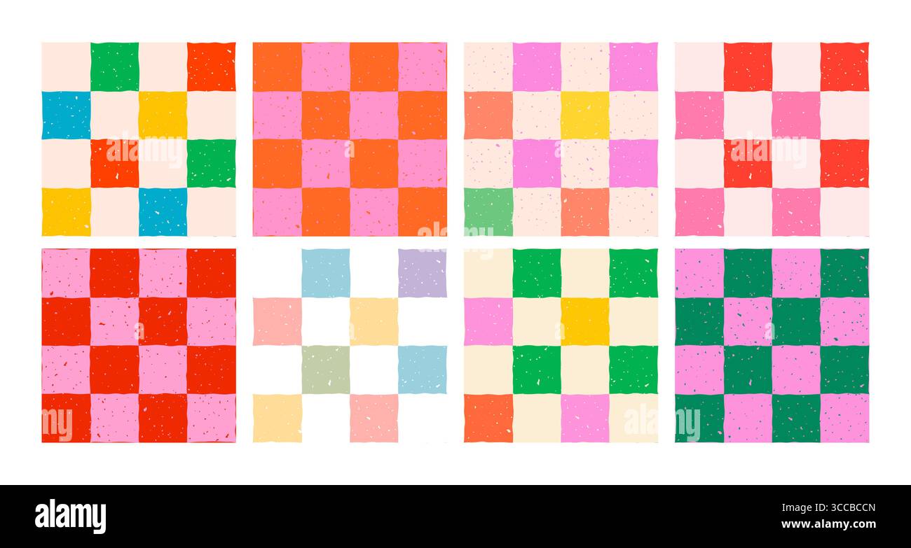 Arrière-plans colorés de motif de damier avec rouge, rose, orange, vert, bleu, carrés jaunes et pastel. Motifs vectoriels ludiques sans couture pour l'enveloppement Illustration de Vecteur