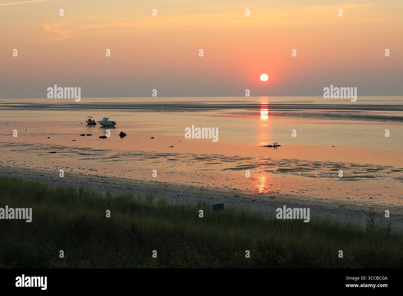 Superbe ciel orange et rose depuis le coucher du soleil sur Cape Cod Bay Banque D'Images
