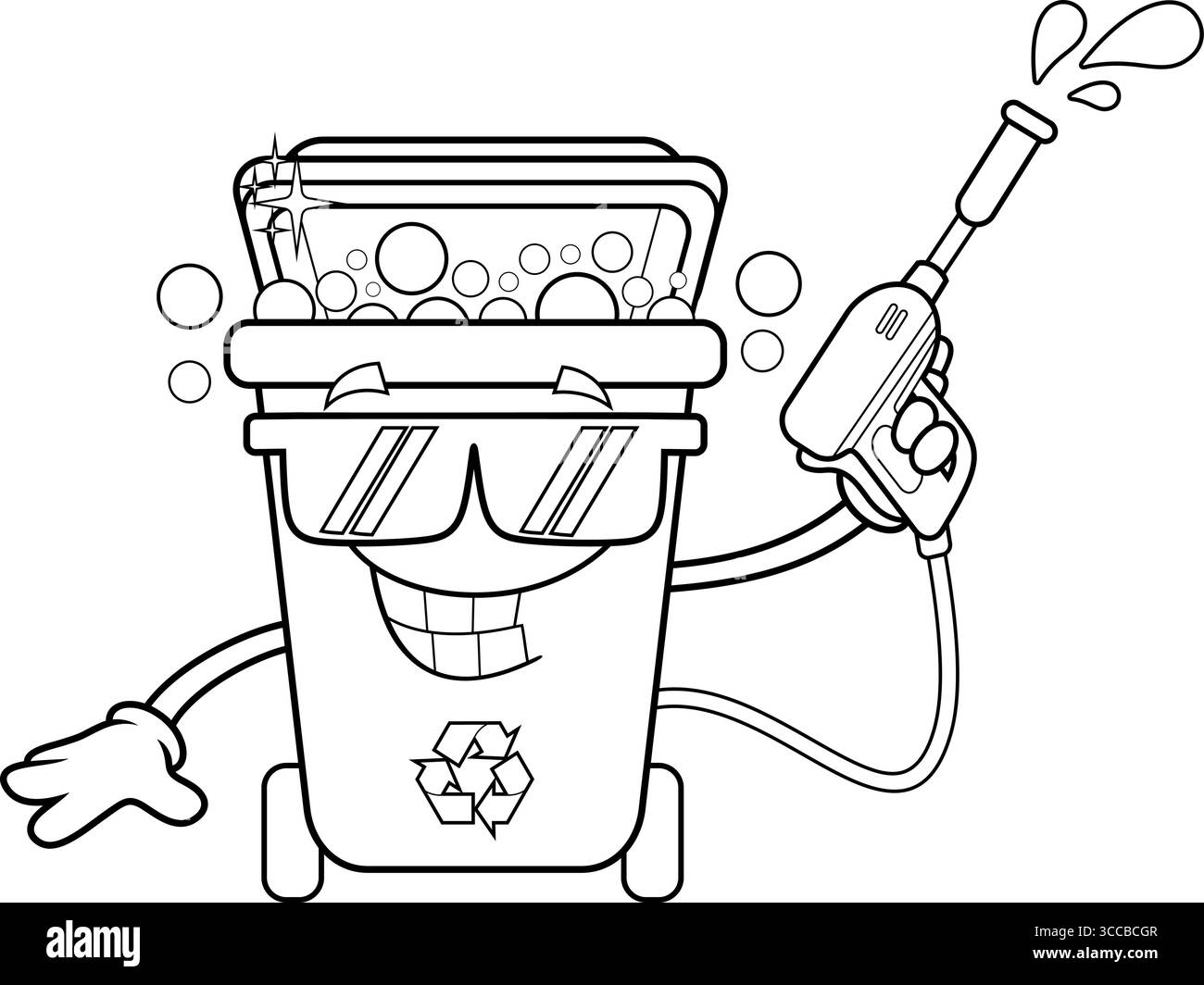 Personnage de dessin animé de la corbeille de recyclage délimité tenant Un pistolet à laver. Illustration vectorielle dessinée à la main isolée sur fond transparent Illustration de Vecteur