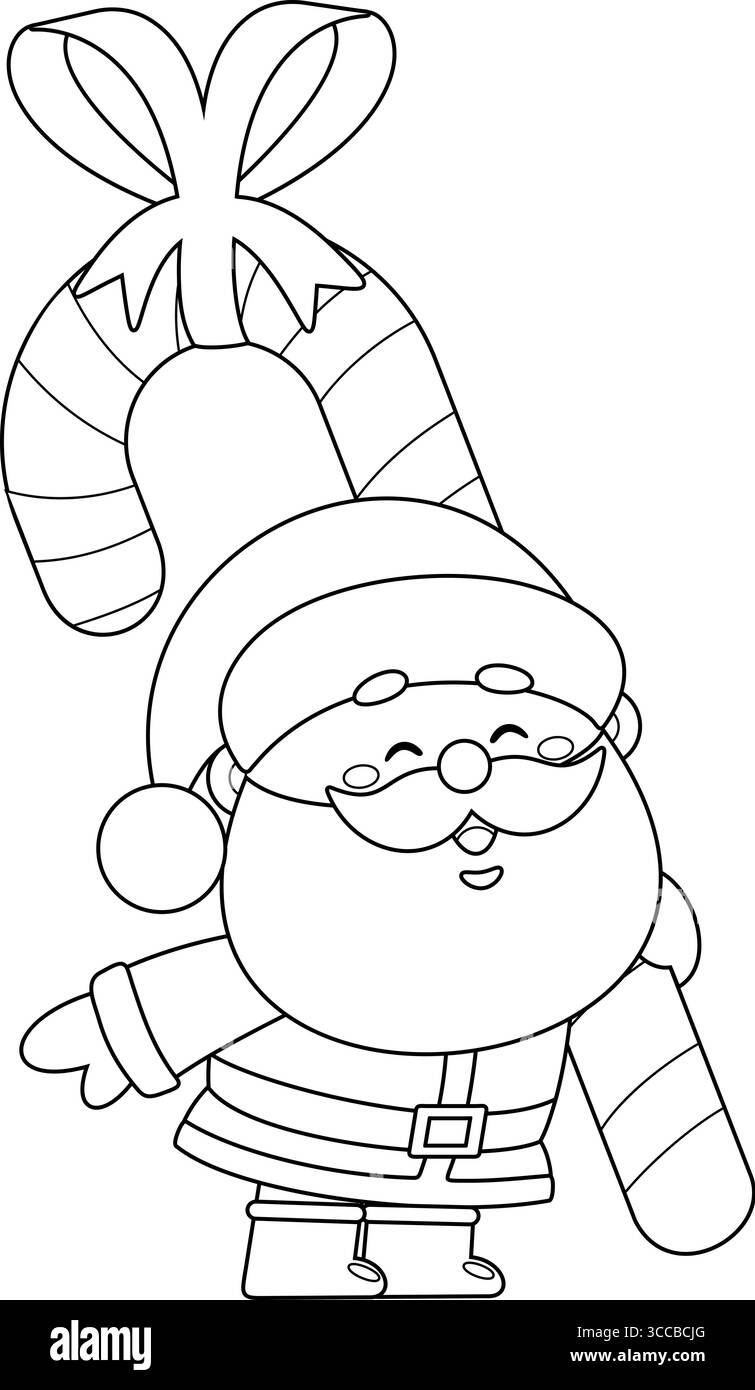 Dessiné joli personnage de dessin animé du Père Noël tenant Un Big Gift Candy Cane. Illustration vectorielle dessinée à la main isolée sur fond transparent Illustration de Vecteur
