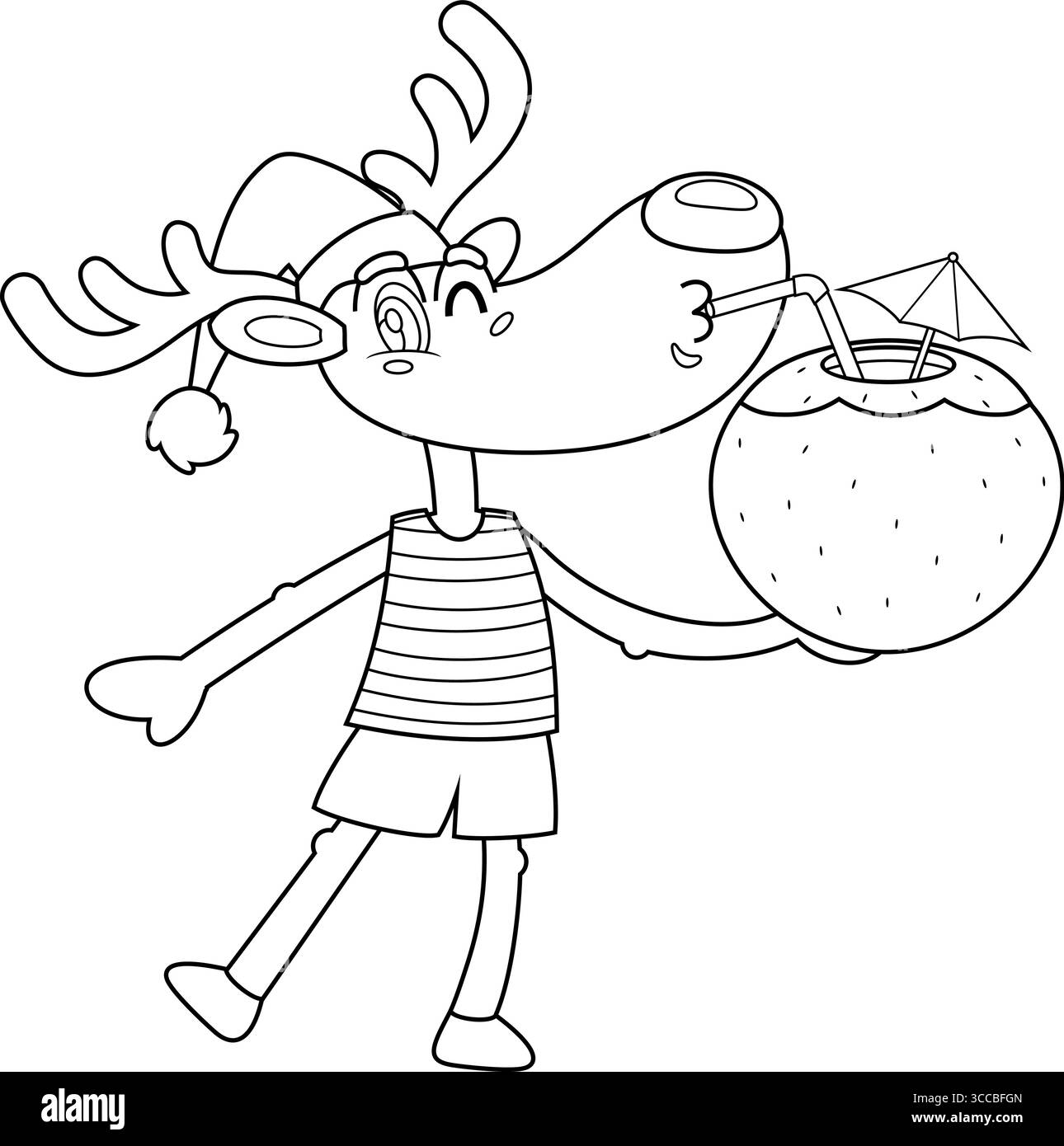 Dessiné mignon renne de Noël personnage de dessin animé buvant un cocktail de noix de coco sur la plage. Illustration vectorielle dessinée à la main Illustration de Vecteur