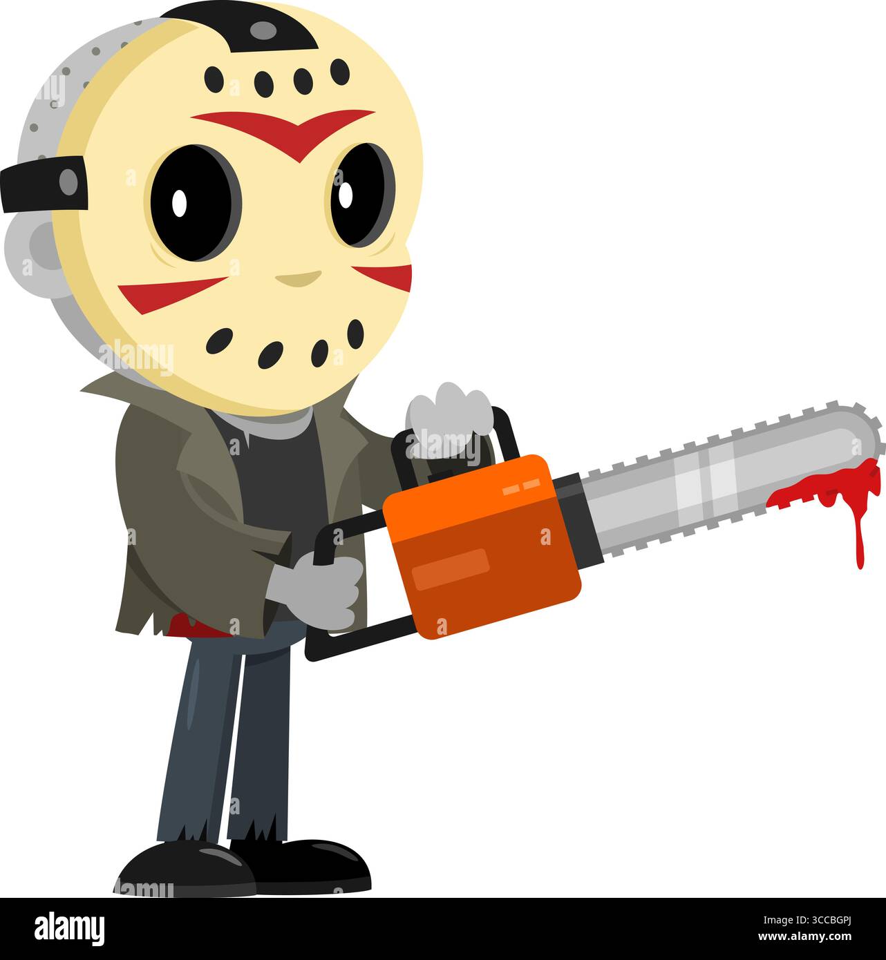 Mignon Jason Murderer personnage de dessin animé tenant Une tronçonneuse sanglante. Illustration vectorielle Flat Design isolé sur fond transparent Illustration de Vecteur