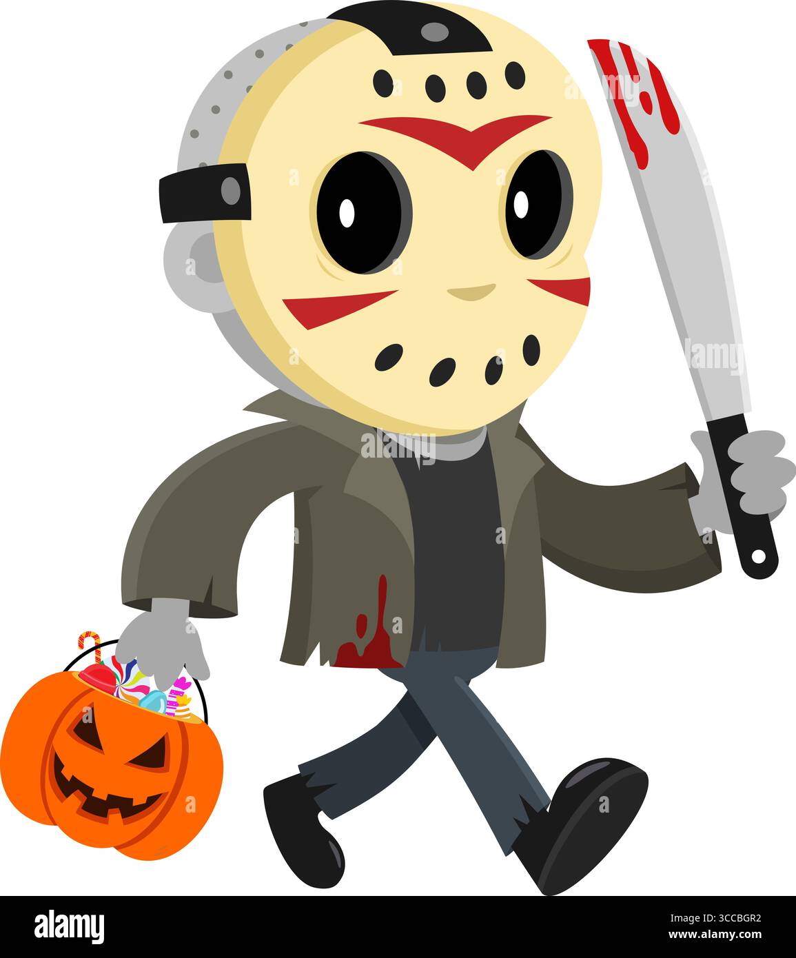 Mignon personnage de dessin animé Jason Murderer marchant avec un panier de bonbons à la citrouille et tenant Une Machete sanglante. Illustration vectorielle Flat Design Illustration de Vecteur