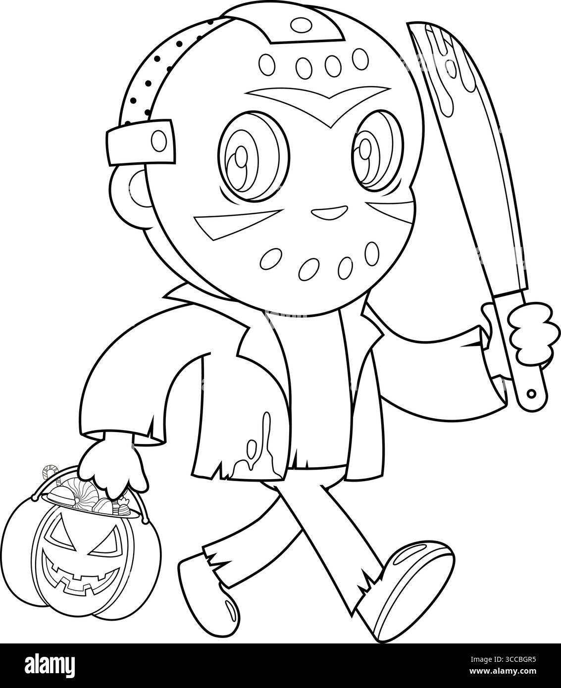 Décrit le personnage mignon Jason Murderer Cartoon marchant avec le panier de bonbons à la citrouille et tenant Une Machete sanglante. Illustration vectorielle dessinée à la main Illustration de Vecteur
