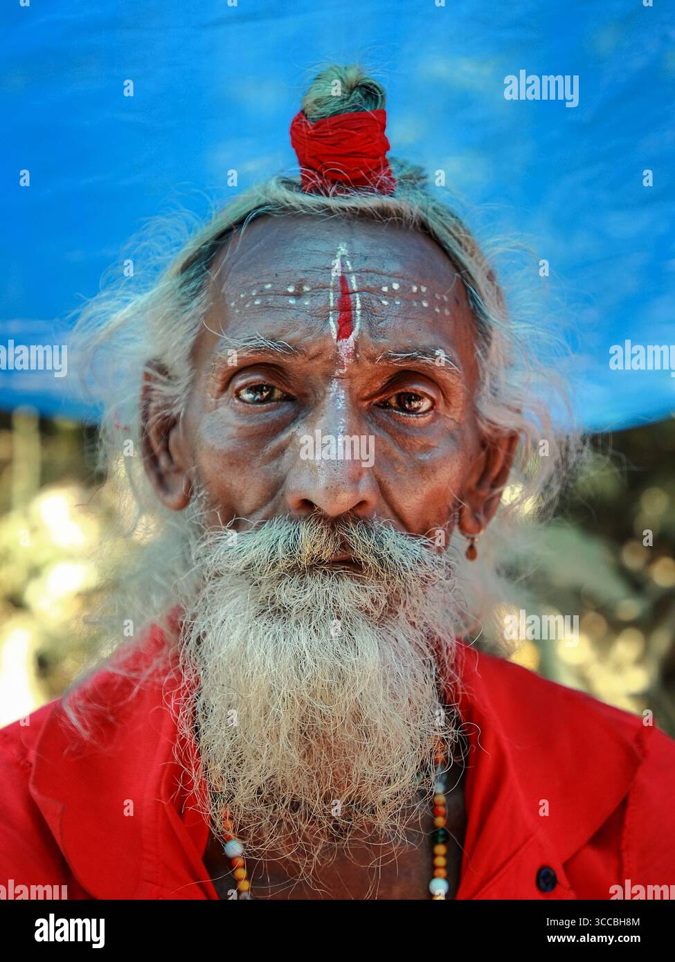 Colline de Chandanath, Bangladesh - 12 mars 2021 : vue d'un sadhu altéré par les intempéries avec une marque rouge frappante sur le front, son regard intense sur un fond bleu serein. Banque D'Images
