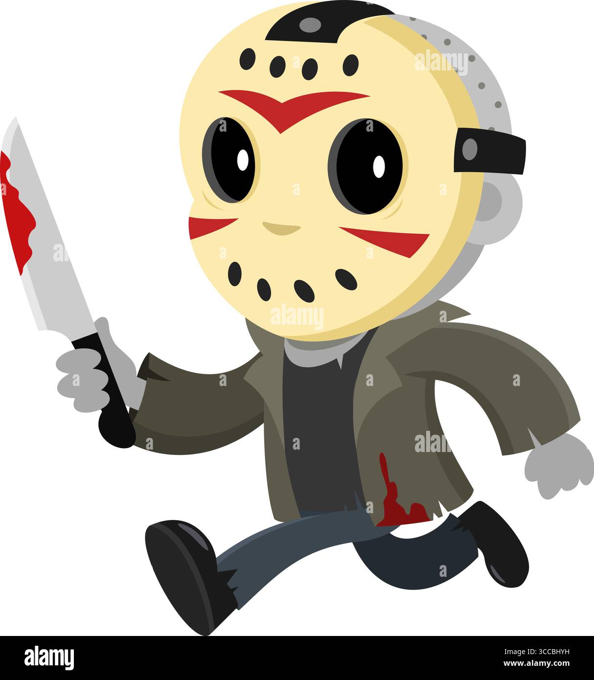 Mignon Jason Murderer personnage de dessin animé en cours d'exécution avec Bloody Knife. Illustration vectorielle Flat Design isolé sur fond transparent Illustration de Vecteur
