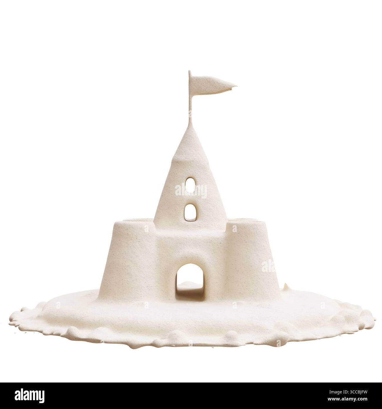 Sandcastle isolé sur blanc, vacances d'été, amusement des enfants sur la plage. rendu 3d. Banque D'Images