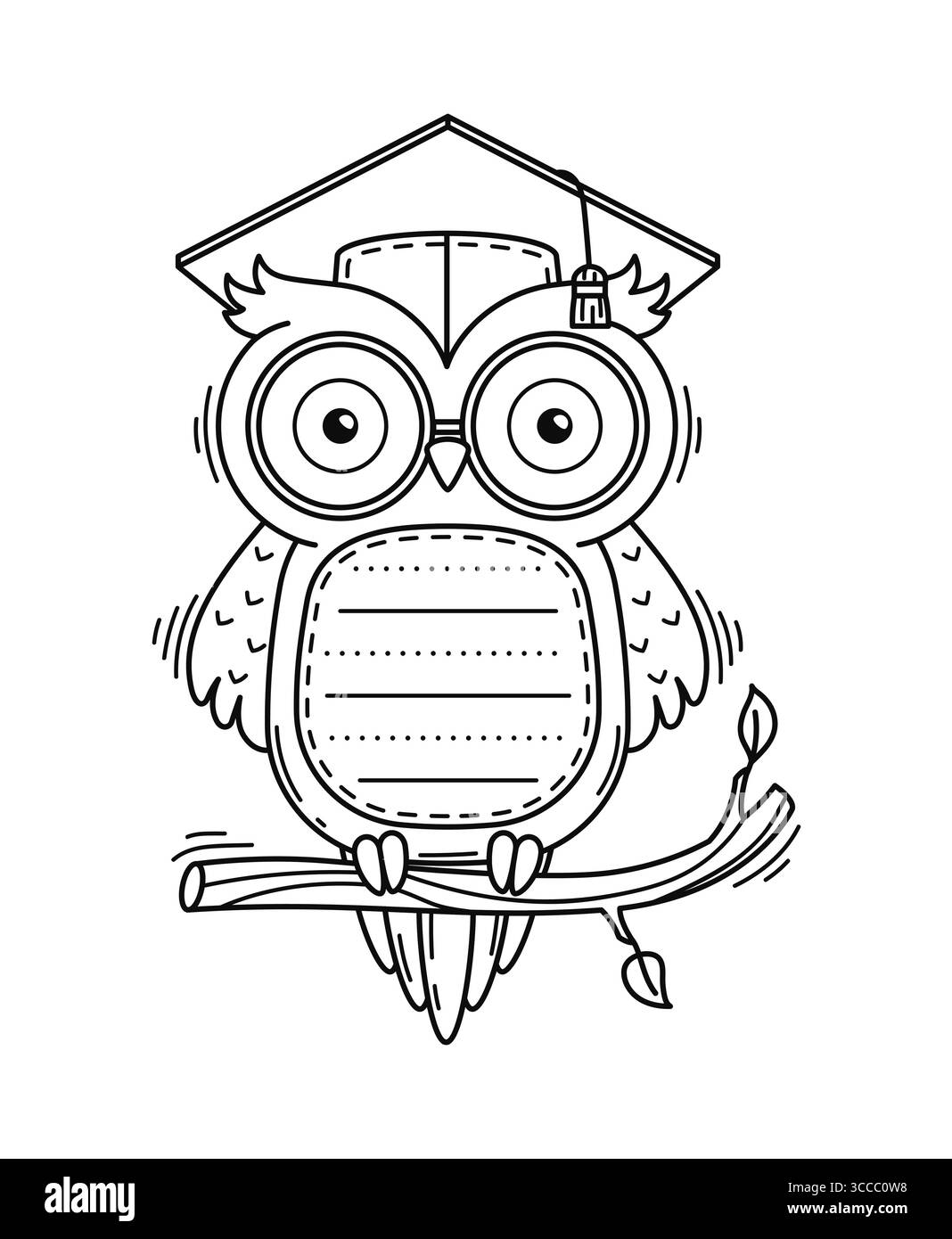 Cadre de note de mémo pour enfants avec chouette fantaisiste drôle et mignon assis sur une branche, portant des lunettes et un bonnet de graduation. Le ventre d'oiseau vectoriel présente un espace doublé pour l'écriture, les activités éducatives, la papeterie Illustration de Vecteur