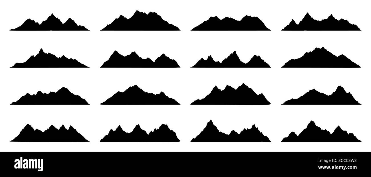 Silhouettes de roche noire, de colline et de montagne. gamme de formes de paysage rocheux. Arêtes monochromes vectorielles isolées. Alpes avec des sommets ensemble d'éléments pour l'aventure, l'escalade des rochers, les voyages et la randonnée Illustration de Vecteur