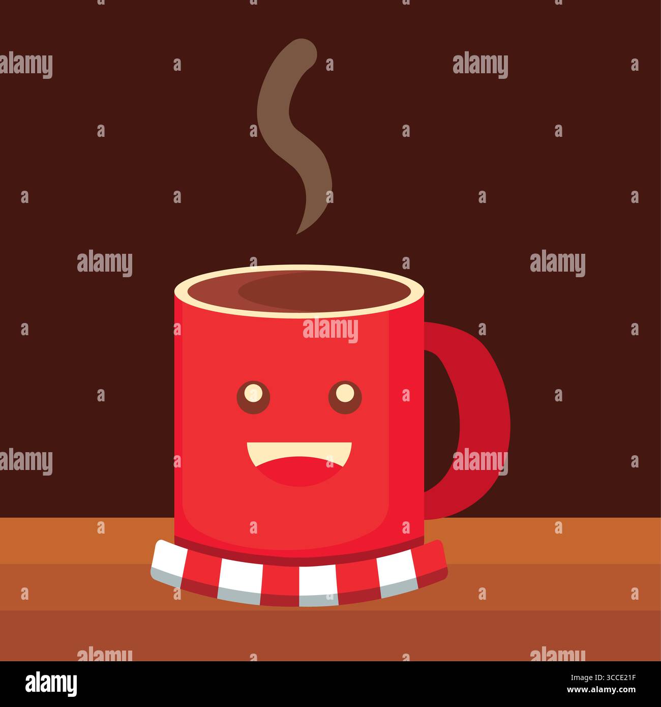Mug rouge avec visage souriant et foulard rayé rempli de boisson chaude fumante. Illustration vectorielle Illustration de Vecteur