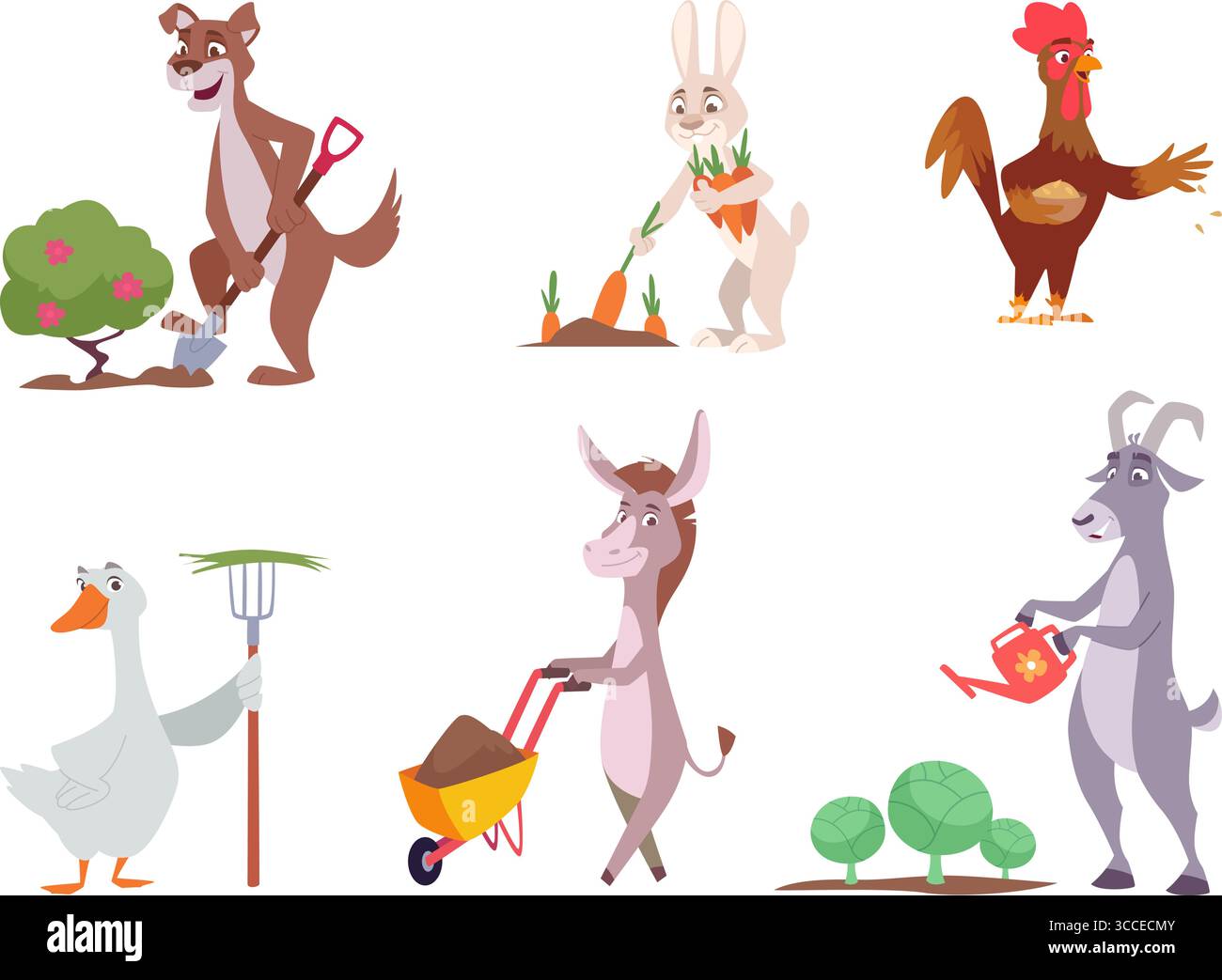 Jardinage d'animaux. Animaux sauvages de bande dessinée drôles travaillant dans le jardin récoltant des fruits caractères exacts en plein air de vecteur Illustration de Vecteur