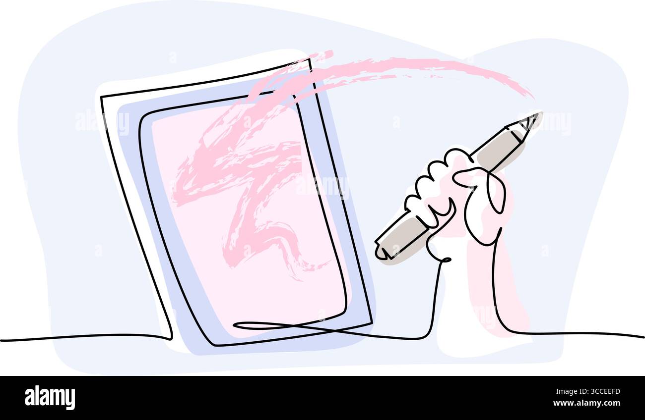 Main avec tablette et icône de contour de stylo de dessin avec des boutons et des réflexes. Illustration de Vecteur
