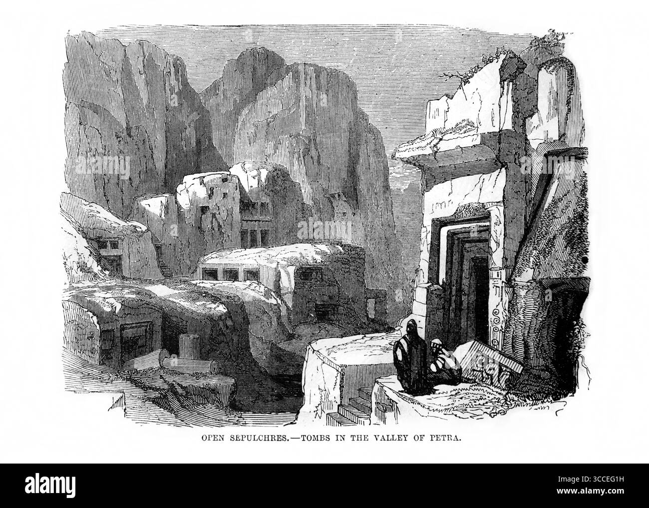 Illustration des sépulcres ouverts dans la vallée de Pétra de l'Antiquité 19ème siècle la Sainte Bible contenant l'ancien et le Nouveau Testament avec Explana Banque D'Images