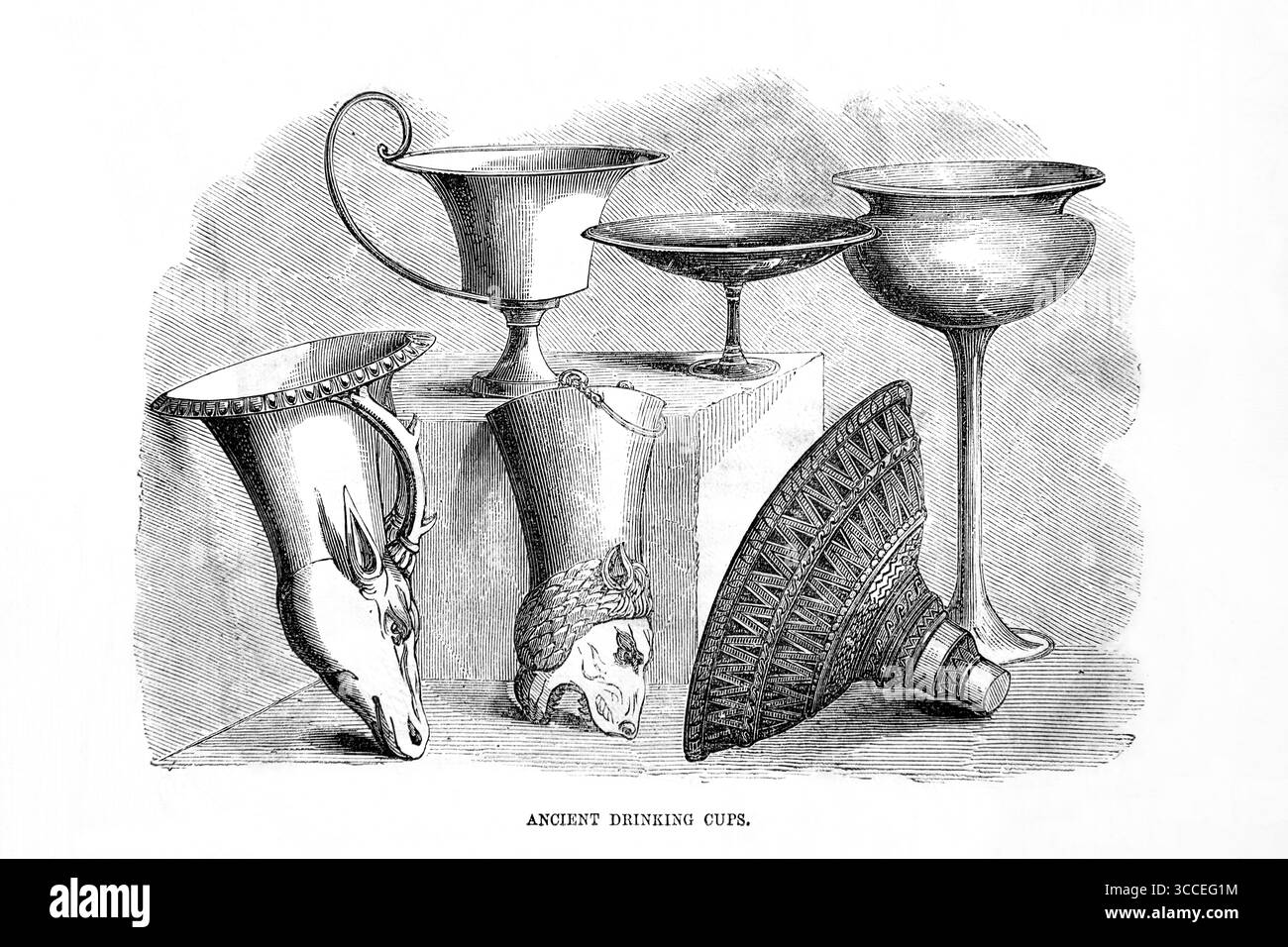 Illustration des anciennes tasses à boire utilisées pendant les temps bibliques de l'Antiquité 19ème siècle la Sainte Bible contenant l'ancien et le Nouveau Testament avec E. Banque D'Images