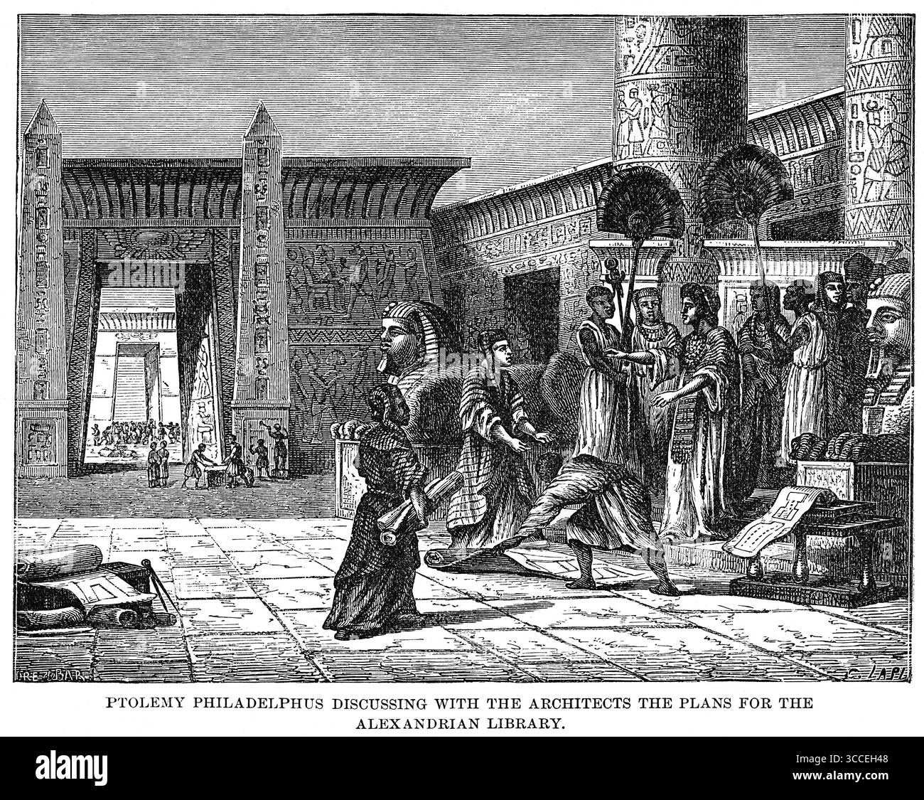 États-Unis : Ptolémée Philadelphie discutant avec les architectes des plans de la bibliothèque alexandrine, illustration, histoire du monde de Ridpath, volume I, par John Clark Ridpath, LL. D., Merrill & Baker Publishers, New York, 1894 (crédit image : © JT Vintage/Glasshouse via ZUMA Press Wire) Banque D'Images