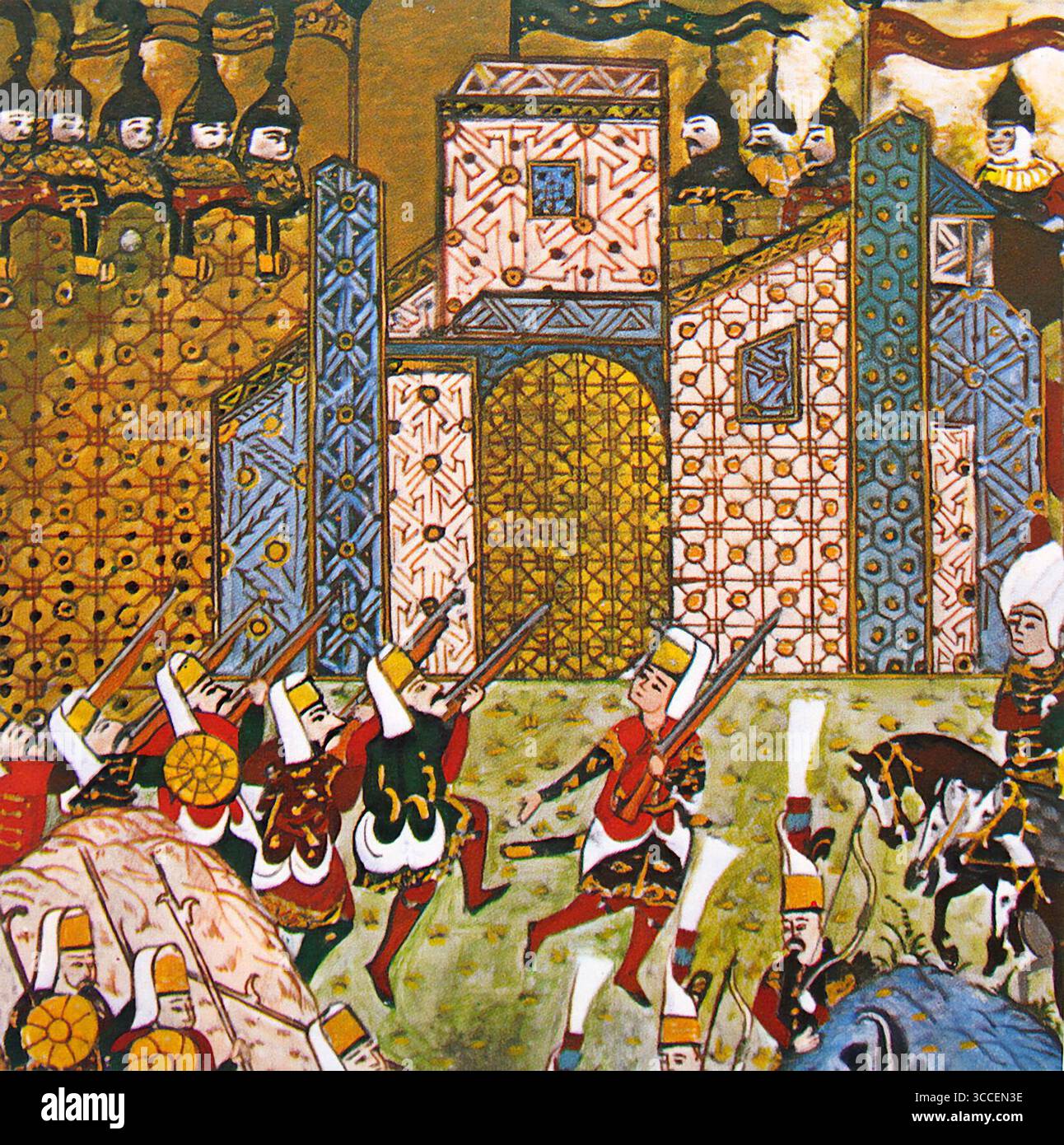 Le siège de Rhodes. Illustration des Janissaires ottomans et des chevaliers en défense de Jean, Siège de Rhodes (1522), 1558 Banque D'Images