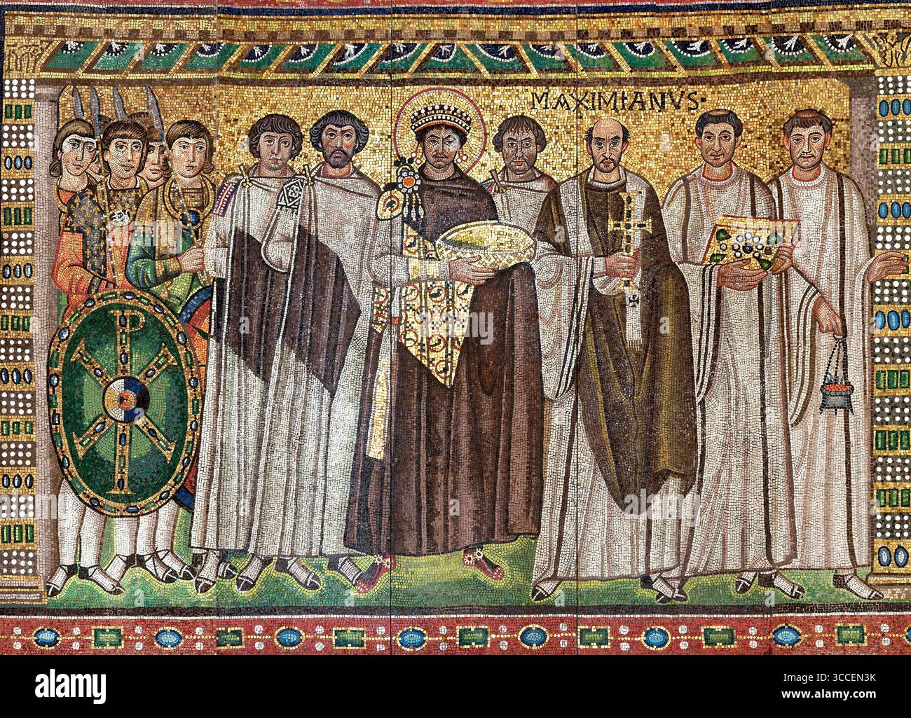 Justinien I. Portrait de l'empereur byzantin, Justinien le Grand (Flavius Petrus Sabbatius Iustinianus, 482-565), mosaïque de tesson de verre et de pierre, début du XXe siècle (d'après un original daté du vie siècle) Banque D'Images