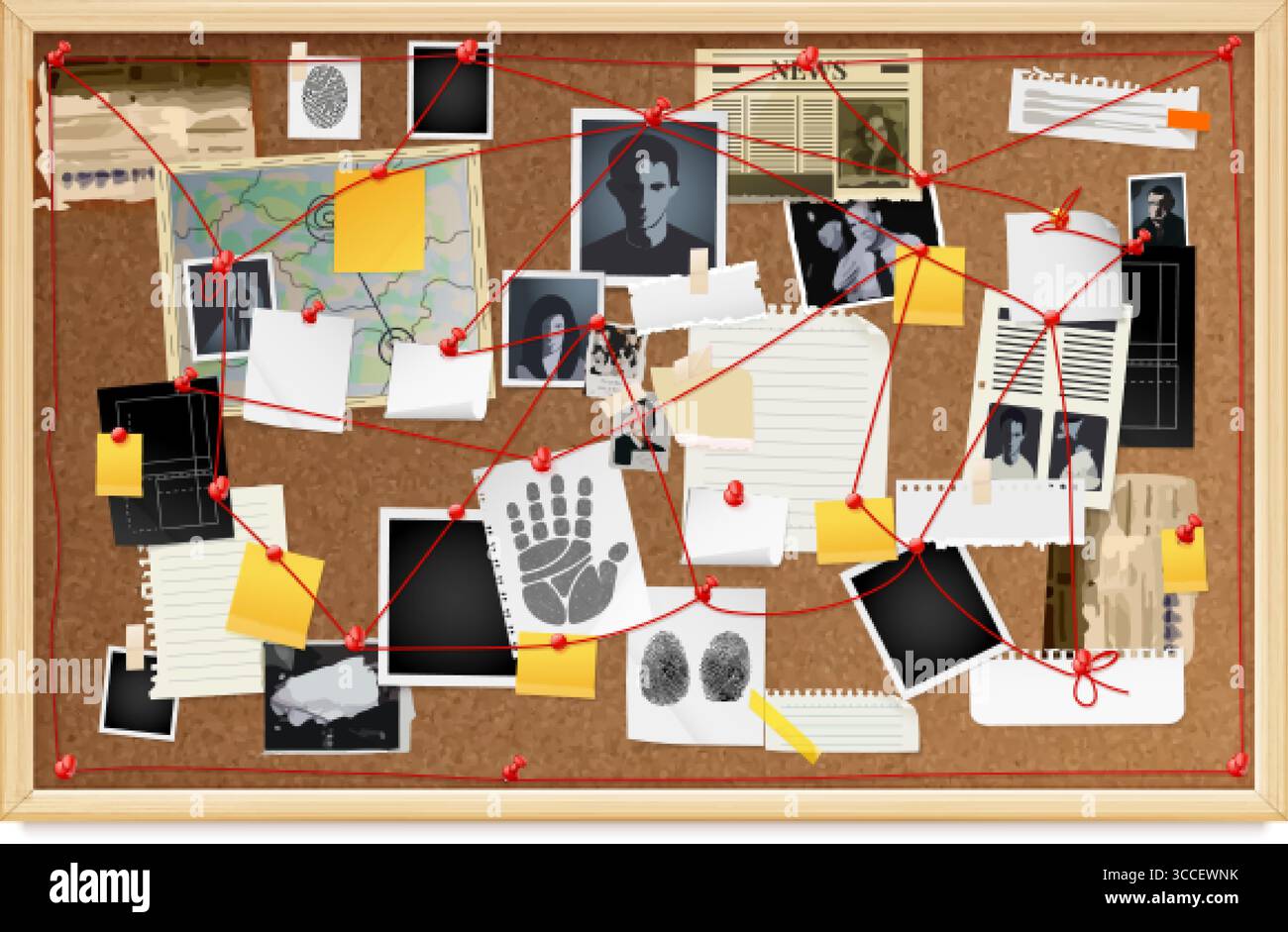Conseil de détective réaliste. Véritable enquête sur le crime, panneau de liège avec fil rouge épingle chaîne sur le mur indices de police criminelle preuve d'espionnage des notes de papier de tableau d'épinglage, illustration vectorielle exacte illustration originale Illustration de Vecteur