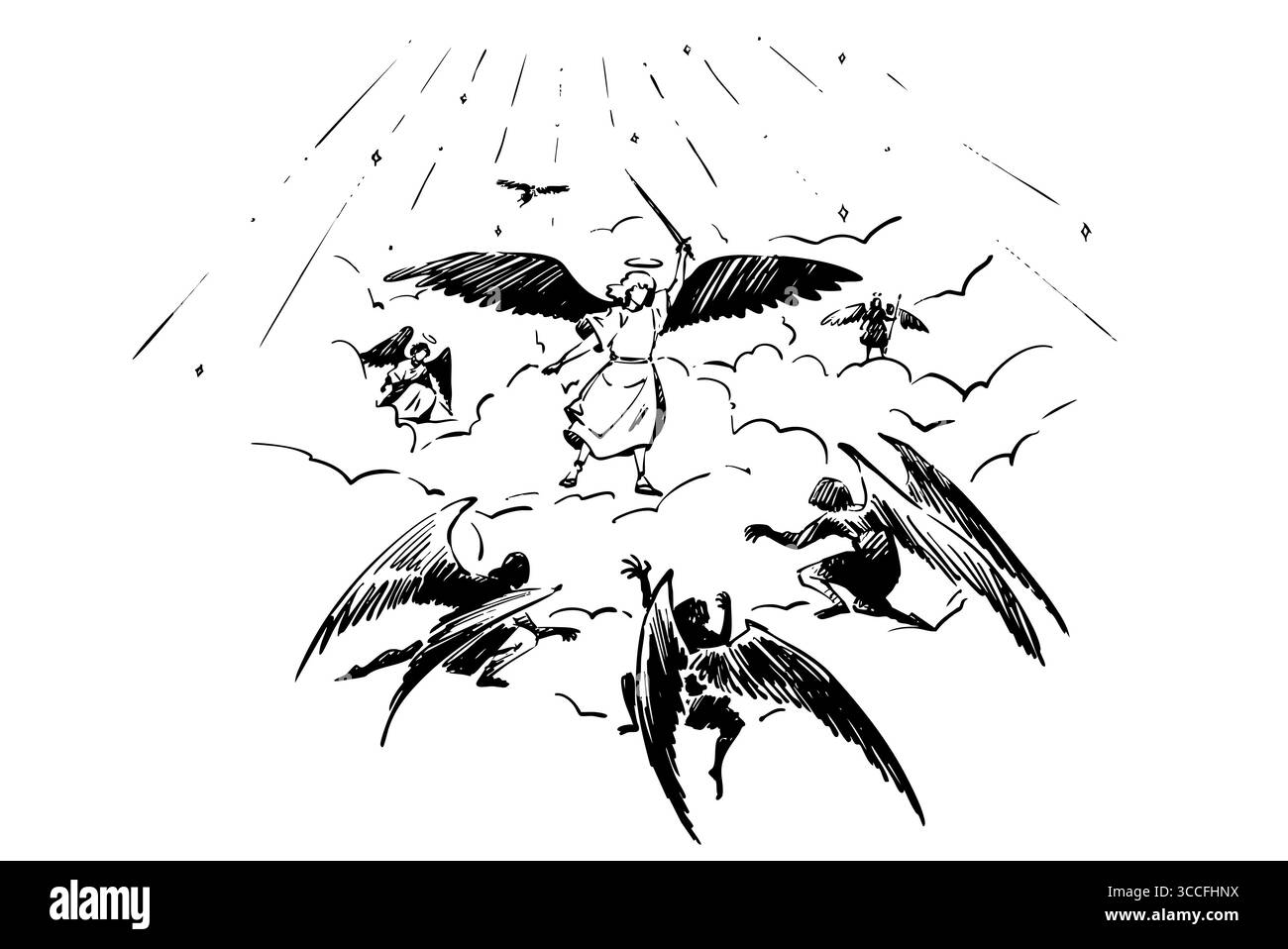 Une scène céleste remplie d'anges et de lumière divine illuminant les cieux au-dessus de nous Banque D'Images