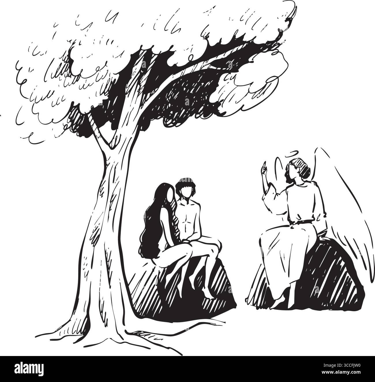 Une conversation élégante et enchanteresse qui se déroule vraiment sous un arbre majestueux aux côtés des anges Illustration de Vecteur