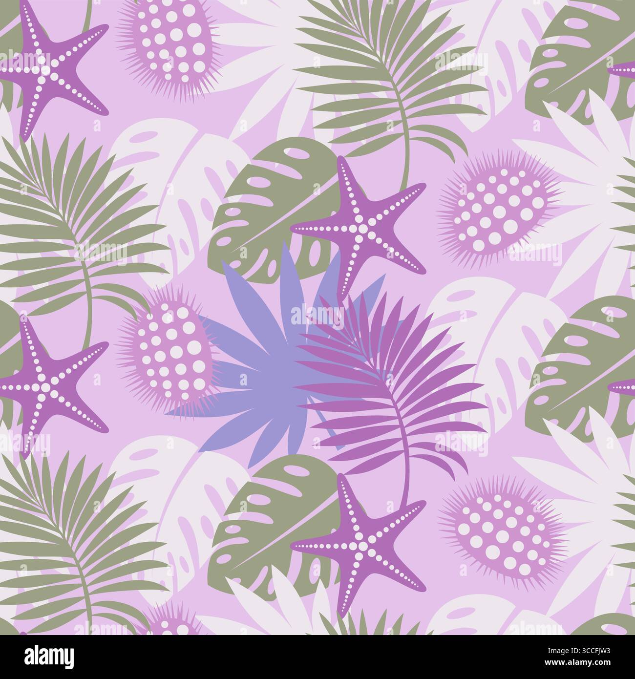 Fond de modèle tropical sans couture, feuilles exotiques, feuille de monstera et de palmier, étoiles de mer d'animaux marins et oursin. illustration en couleurs pastel Illustration de Vecteur