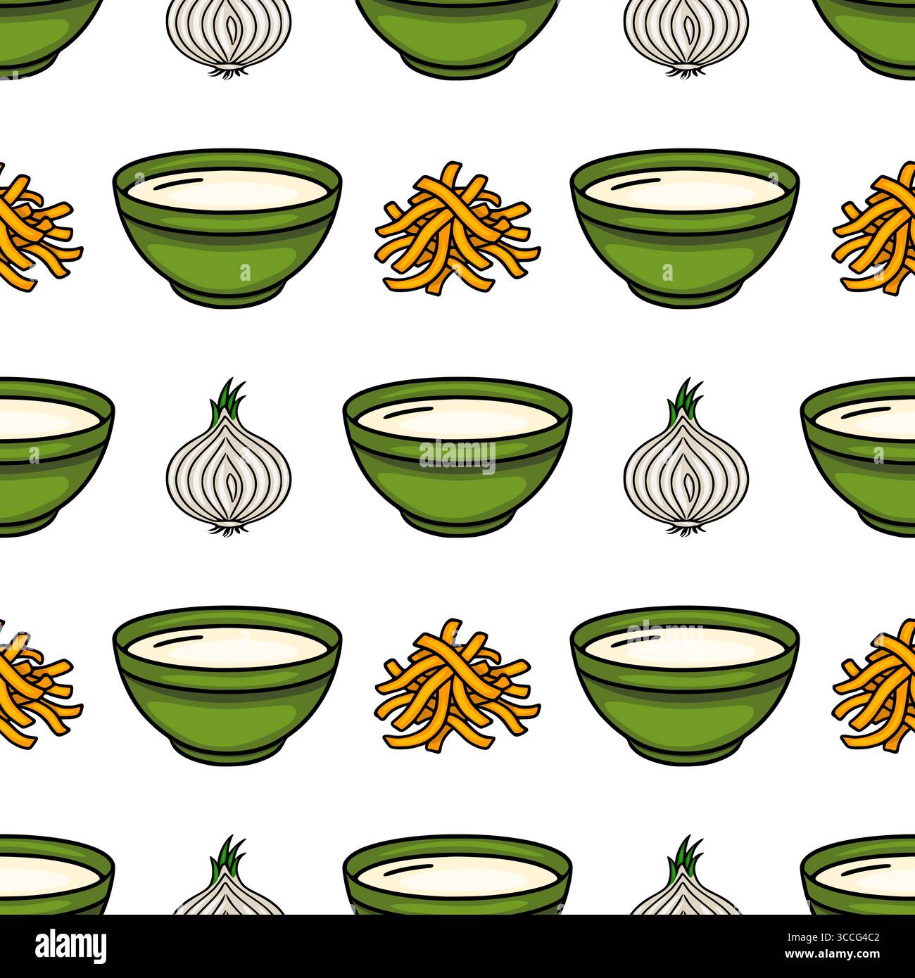 Motif vectoriel sans couture de bols verts dessinés à la main avec de la soupe crémeuse, des bâtonnets de fromage à l'orange et des bulbes d'ail entiers sur un fond blanc, créant une che Illustration de Vecteur