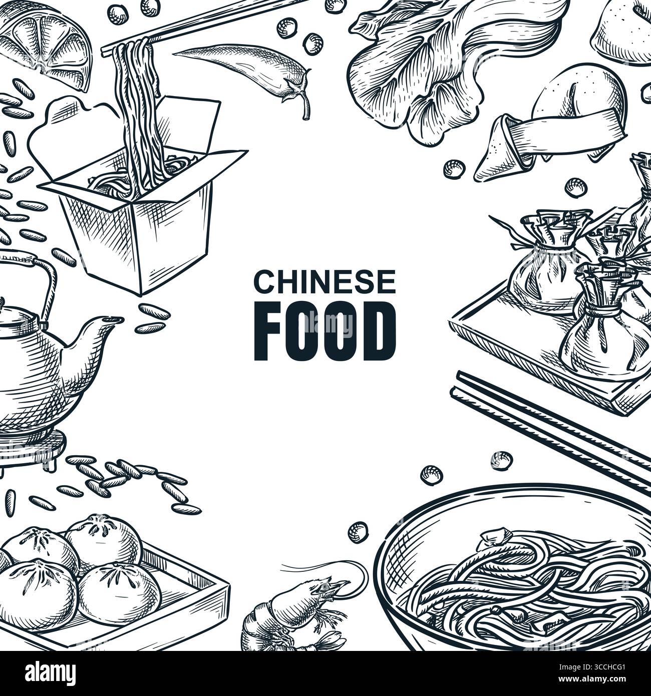 Cadre vectoriel avec croquis dessiné à la main de la nourriture et des ingrédients chinois. Parfait pour le menu de restaurant asiatique, bannière de café, emballage alimentaire, étiquette, affiche, ou tr Illustration de Vecteur