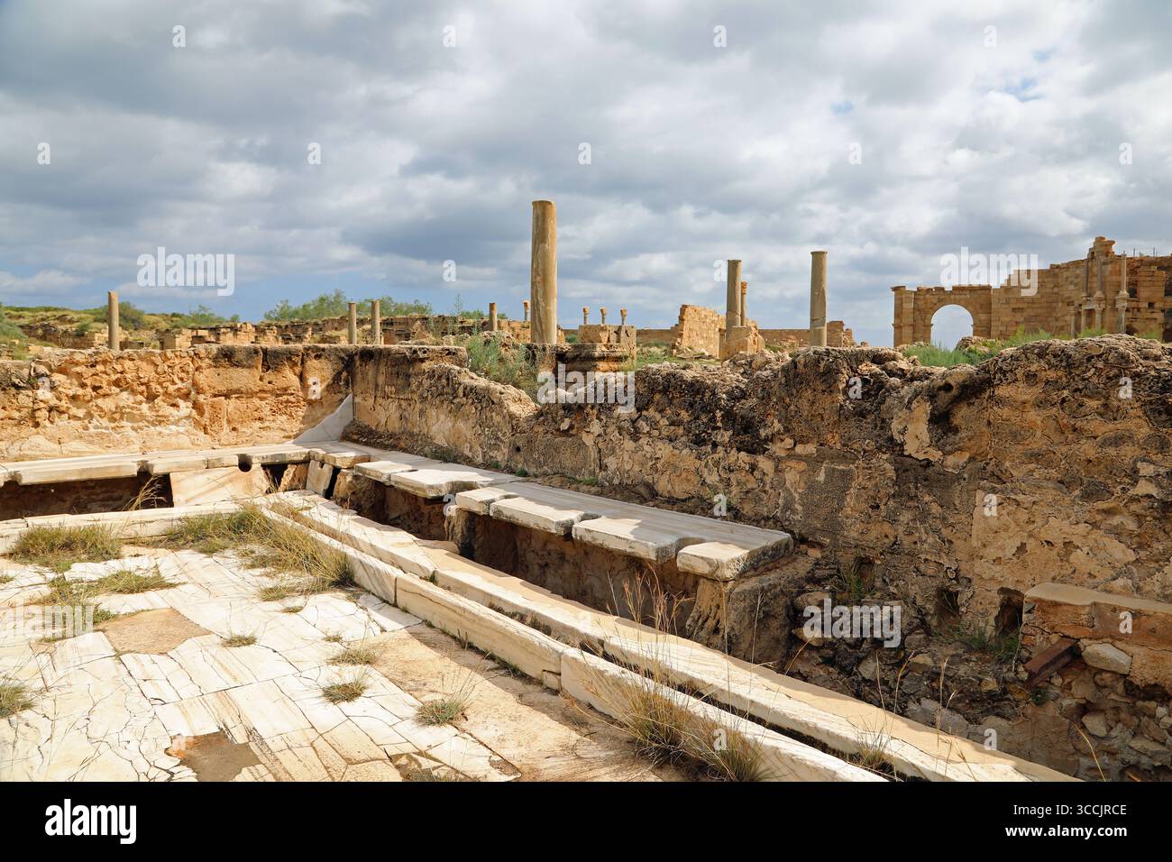Latrines romaines à Leptis Magna dans l'État de Libye Banque D'Images