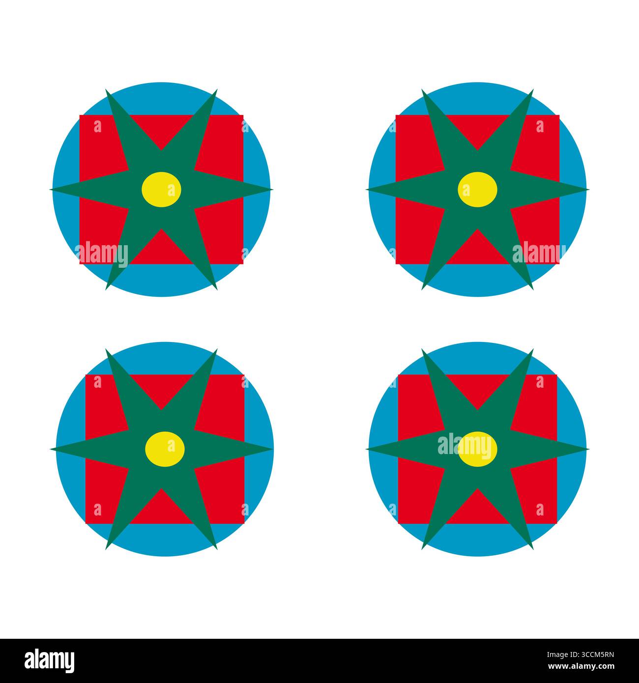 Quatre icônes en étoile. Jeu de formes vectorielles. Conception géométrique circulaire. Rouge bleu jaune vert. Illustration de Vecteur
