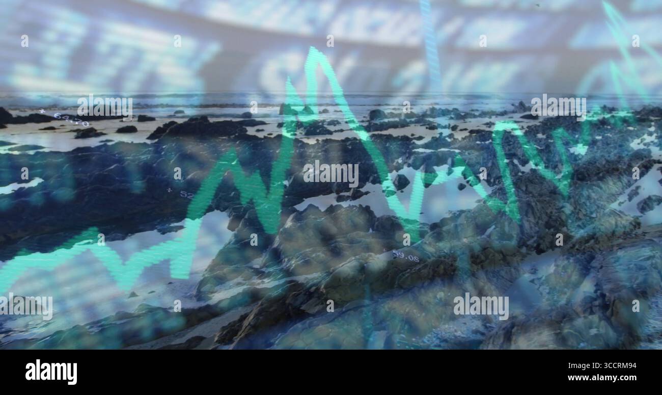 Affichage du littoral rocheux du bassin de marée à marée basse sous couvert, avec superposition des données financières Banque D'Images