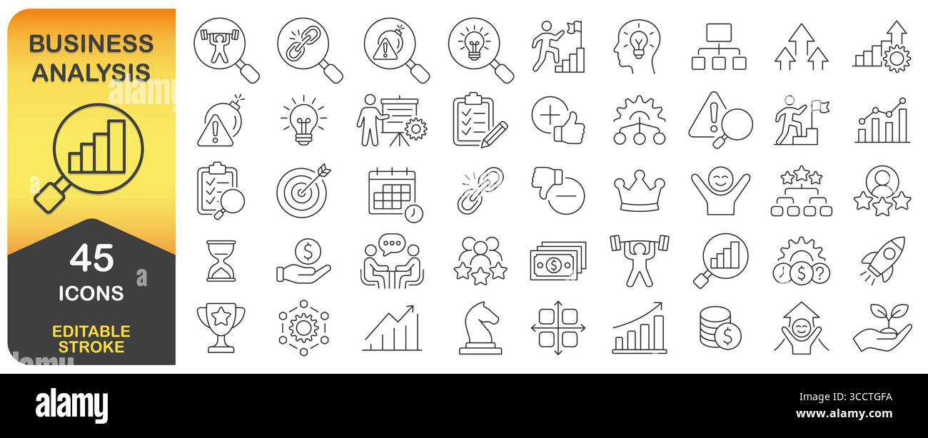 Jeu d'icônes de trait modifiable d'analyse métier. Forces, faiblesses, opportunités et menaces. Présentations commerciales, planification, Stratégie, Illustration de Vecteur