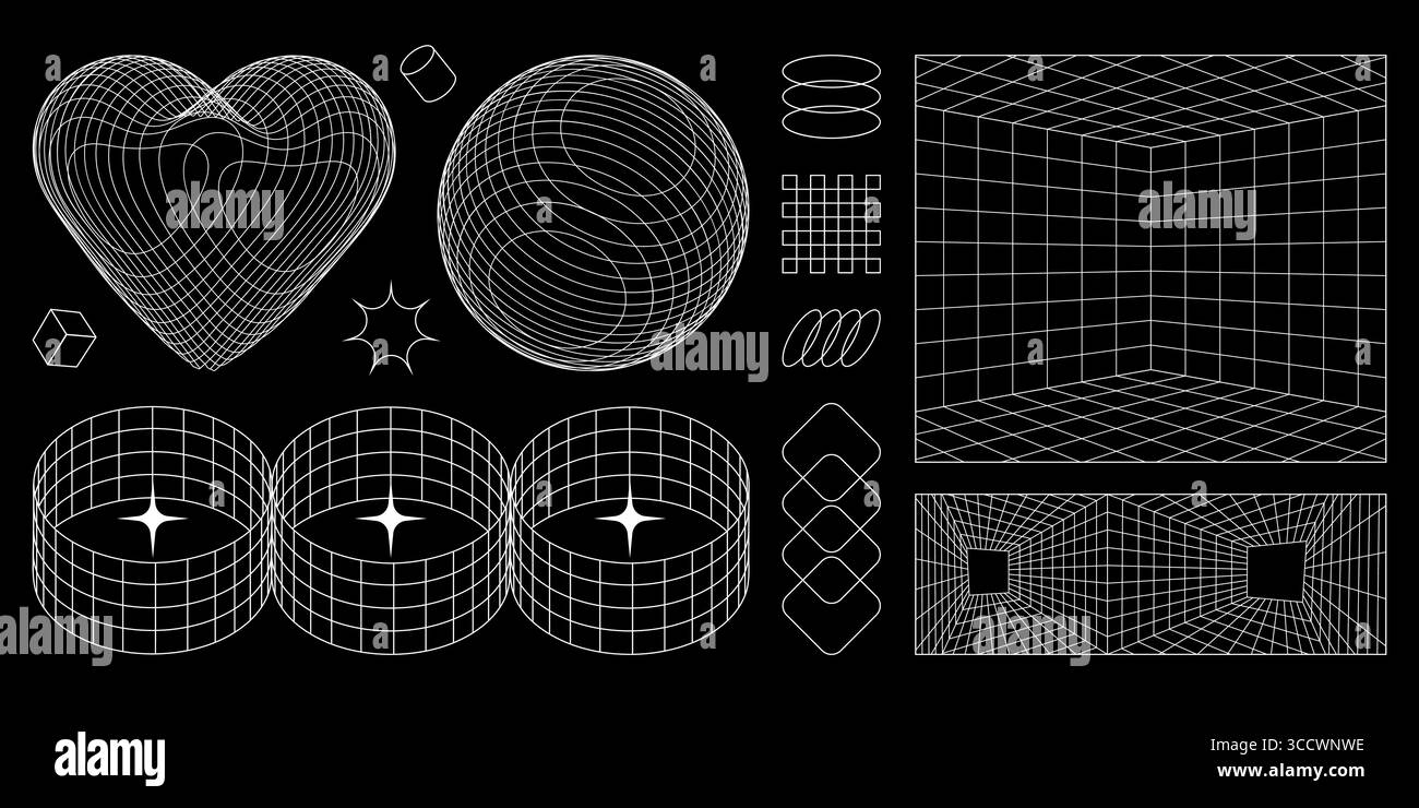 Formes filaires dans la cyber esthétique - motifs de grille rétro avec formes géométriques 3D pour les cadres numériques Pièces en maille de coeur, sphère et perspective avec des structures cylindriques pour une conception d'interface futuriste Illustration de Vecteur