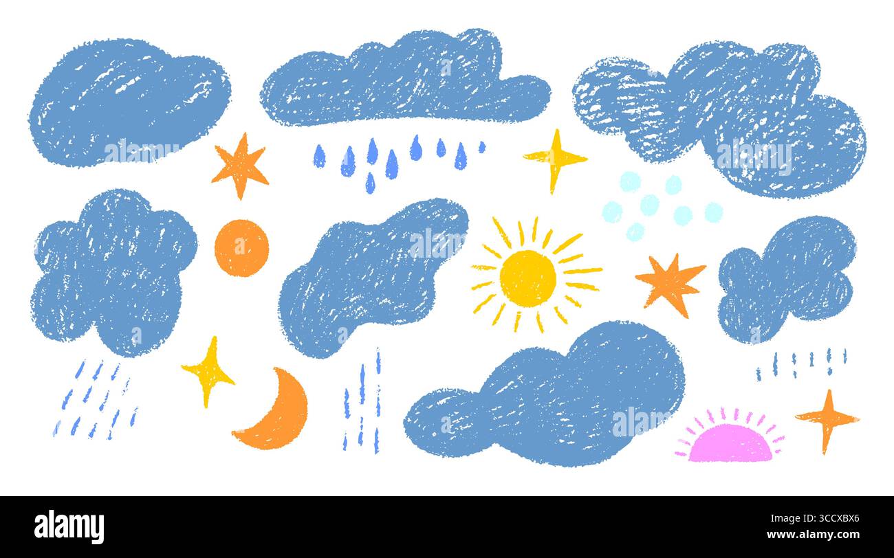 Ensemble de nuages dessinés à la main, Lune, Soleil, étoiles, pluie Illustration de Vecteur