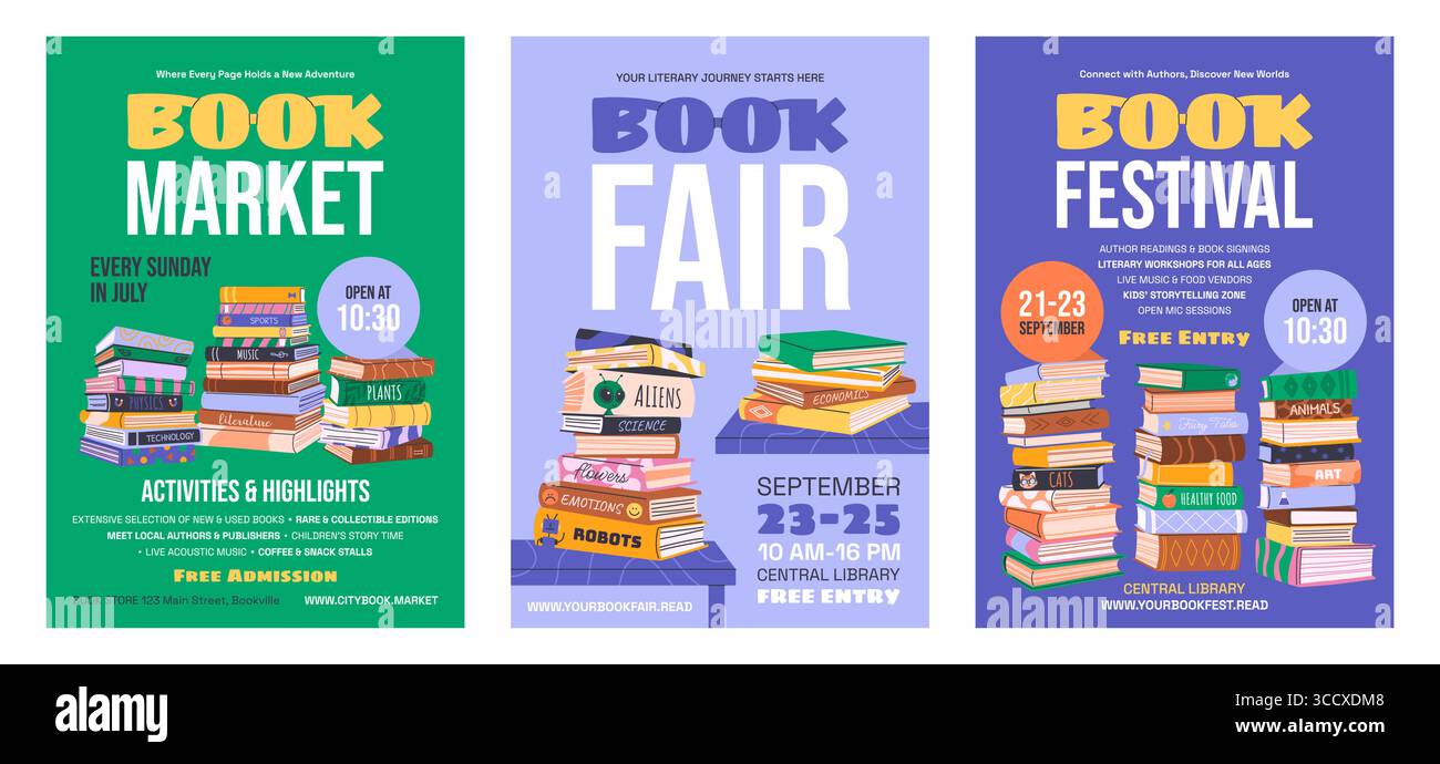 Ensemble de marché du livre, foire, affiches du festival du livre. Illustration de Vecteur
