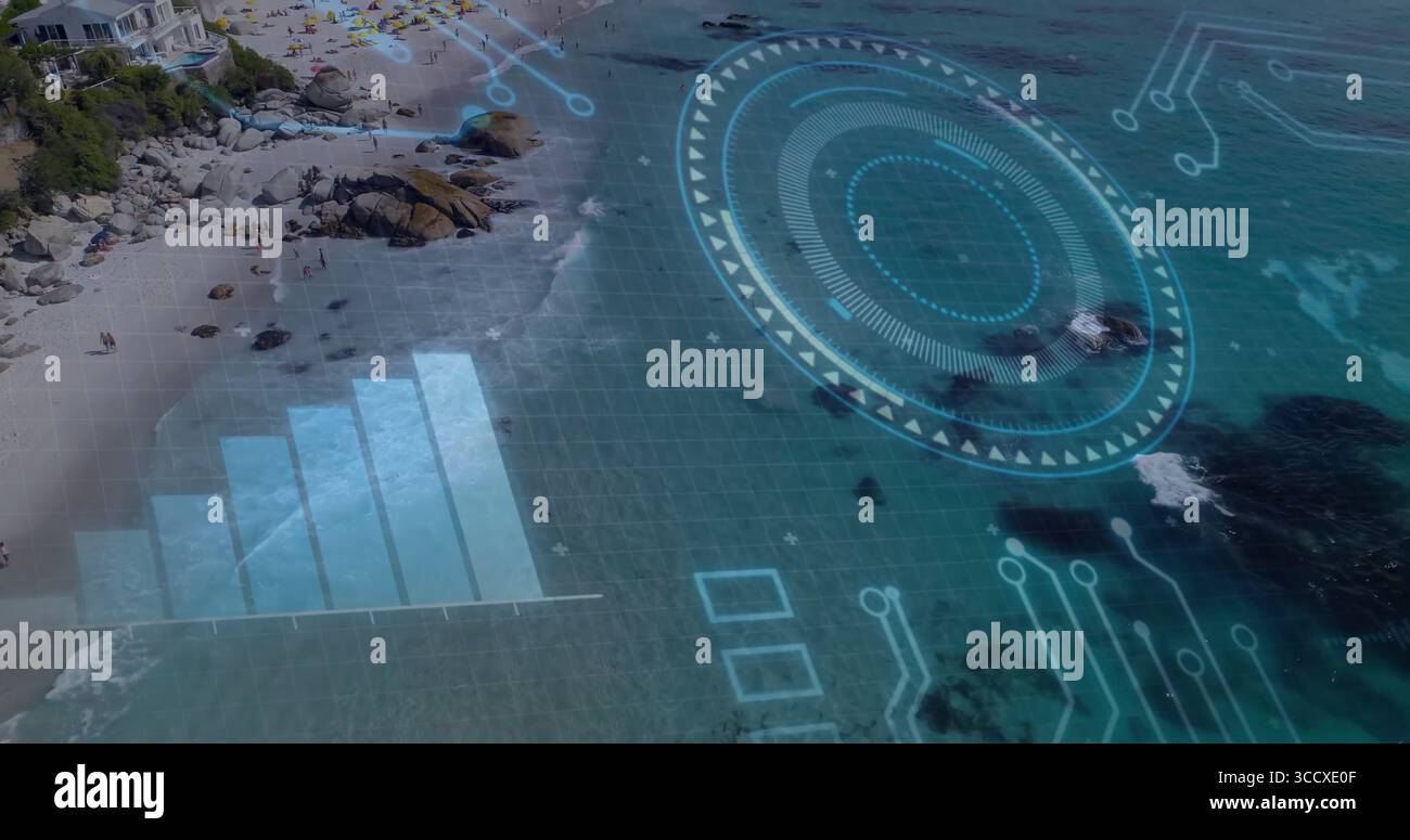 Affichage graphique d'interface numérique superposant la plage côtière avec parasols, espace de copie Banque D'Images